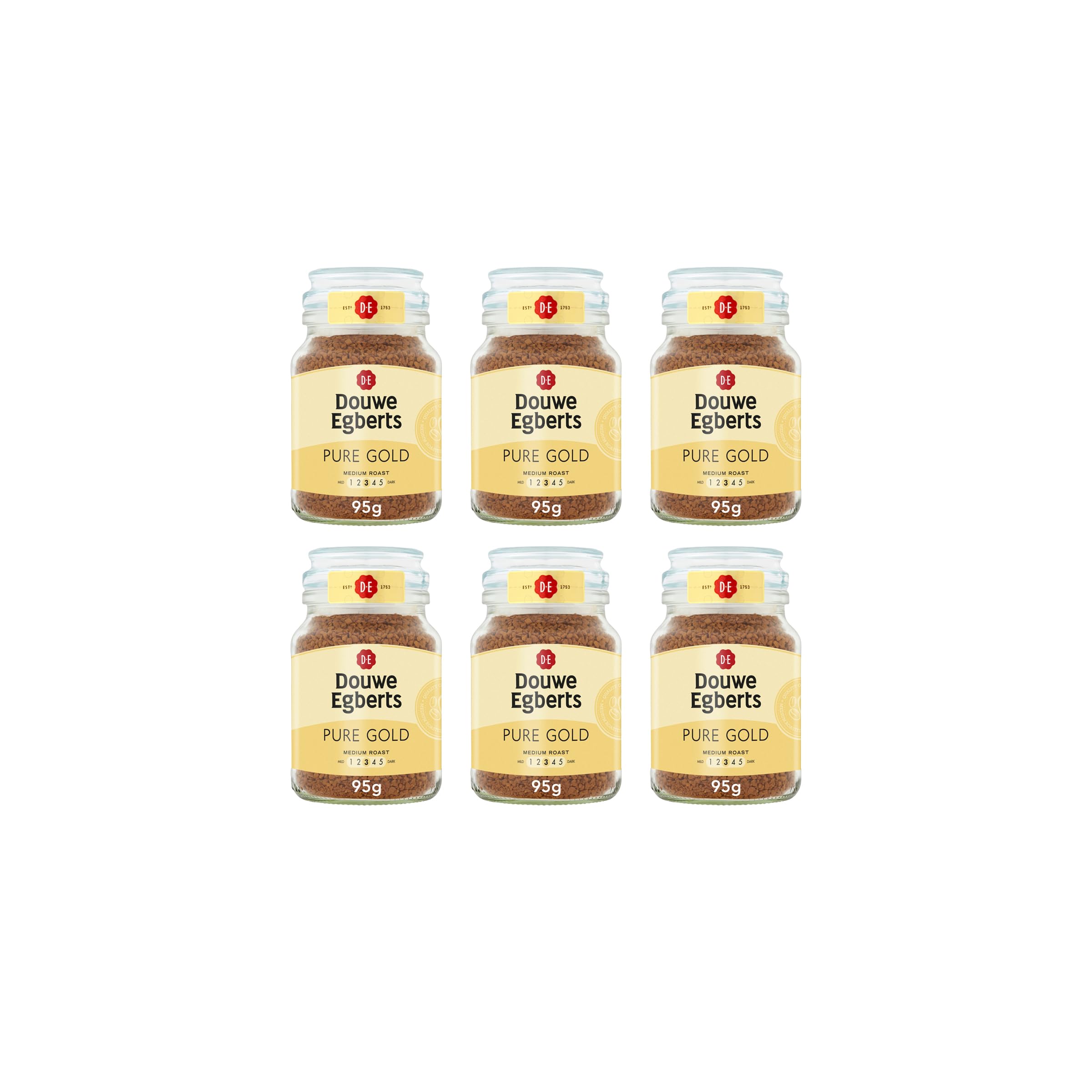 Douwe Egberts Pure Gold Medium Roast Instant Coffee 95g (Pack of 6 Jars, Total 570g)