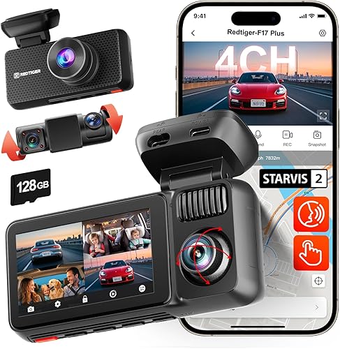 REDTIGER F17 Plus 4 Channel Dash Cam 2.7K+1080P*3, STARVIS 2, 128GB Card Included, 360° Front Inside and Rear Cabin Car Camera, IR Night Vision, 5GHz WiFi GPS, Voice Control, Touchscreen, Parking Mode