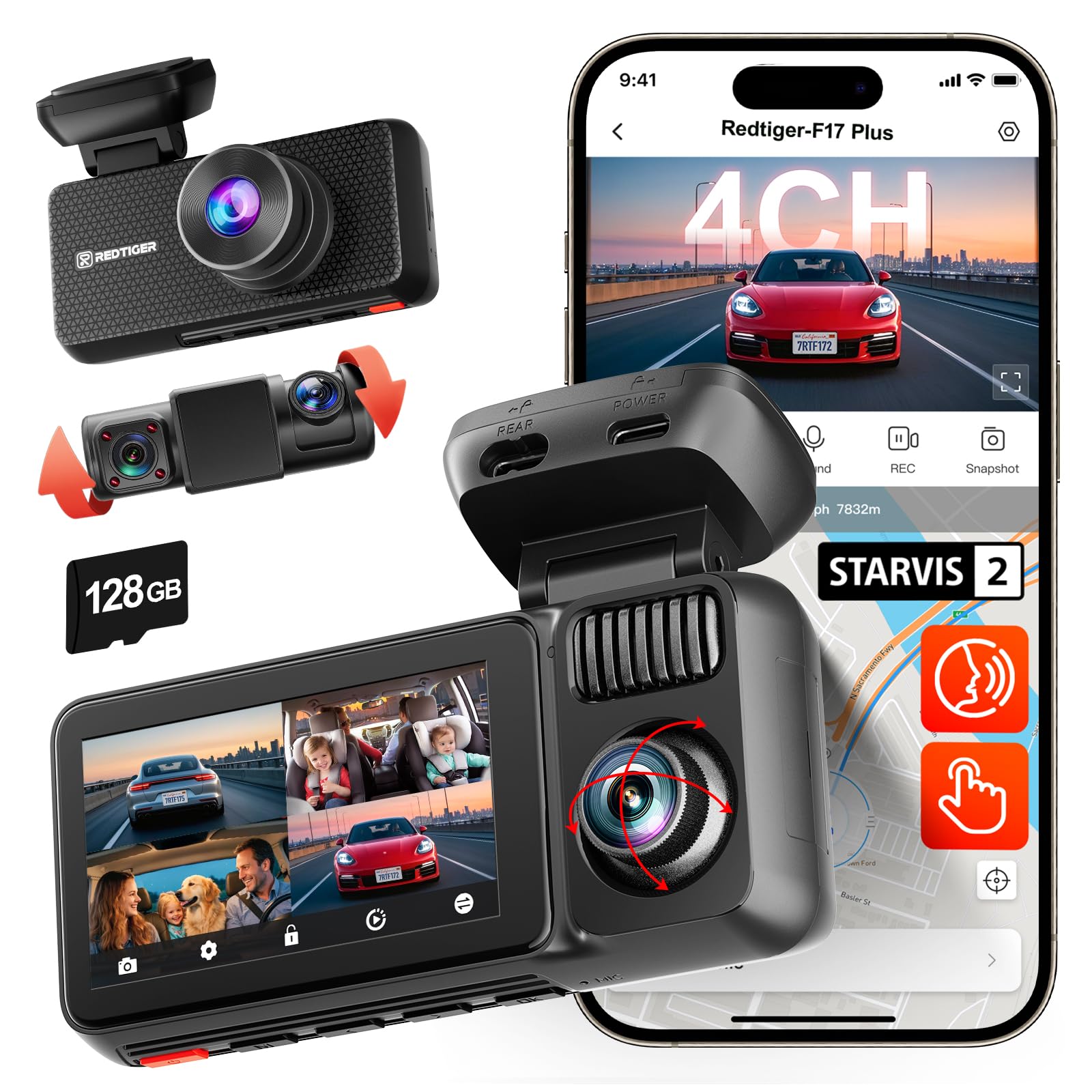 REDTIGER F17 Plus 4 Channel Dash Cam 2.7K+1080P*3, STARVIS 2, 128GB Card, 360° Front Inside and Rear Cabin Car Camera, IR Night Vision, 5GHz WiFi 6, GPS, Voice Control, Touch Screen, 24H Parking Mode