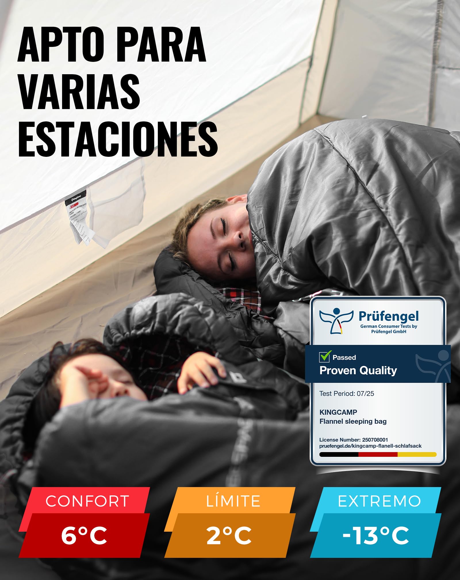 KingCamp Saco de Dormir XXL de Franela de Algodón para Adultos, Saco de Dormir Grande de Invierno para Camping 4 Estaciones, Viajes y Actividades al Aire Libre, 220x100cm