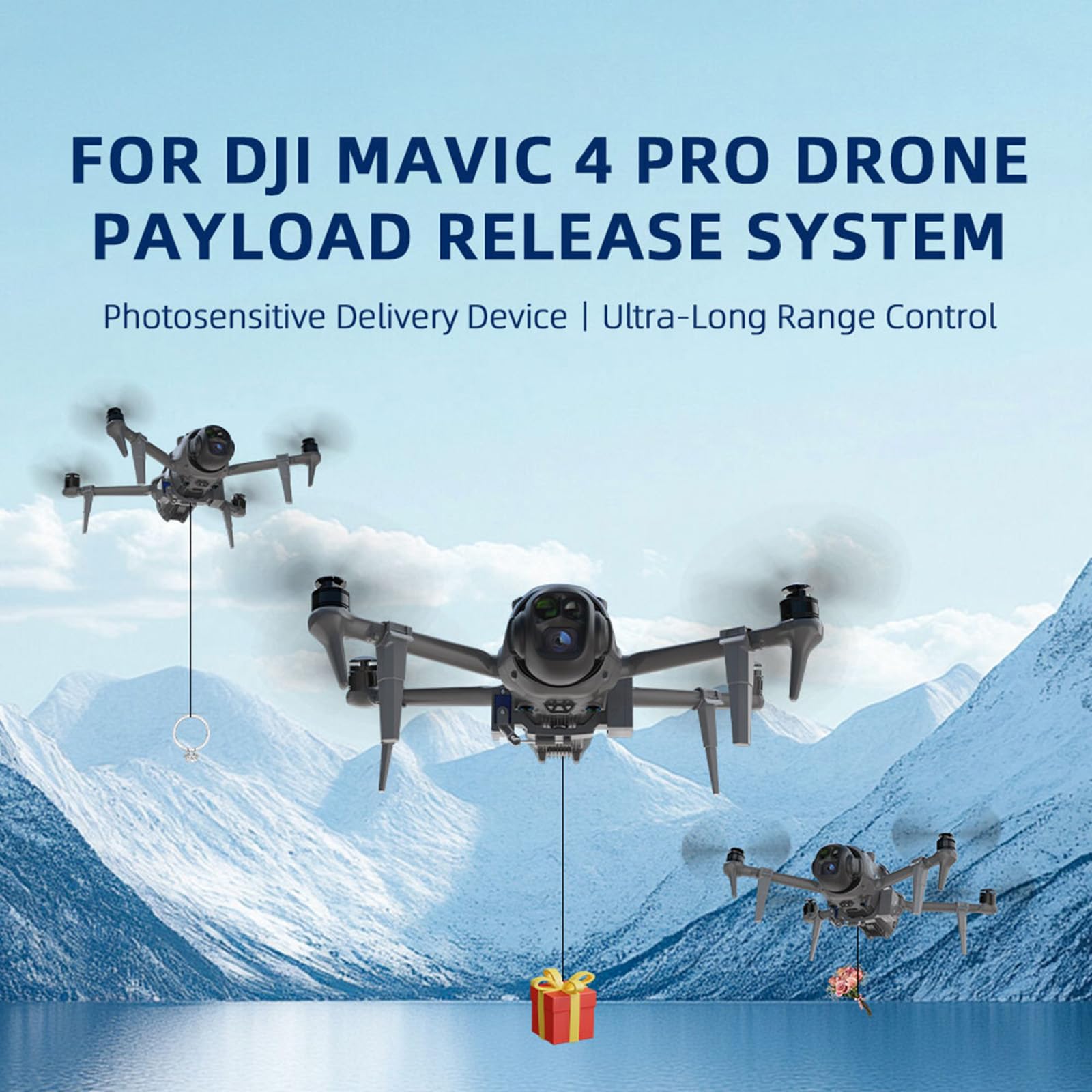 Sistema di rilascio del carico utile Airdrop con carrello di atterraggio per DJI Mavic 4 Pro, dispositivo di consegna contagocce di trasporto lanciatore di anelli nuziali da pesca con clip per