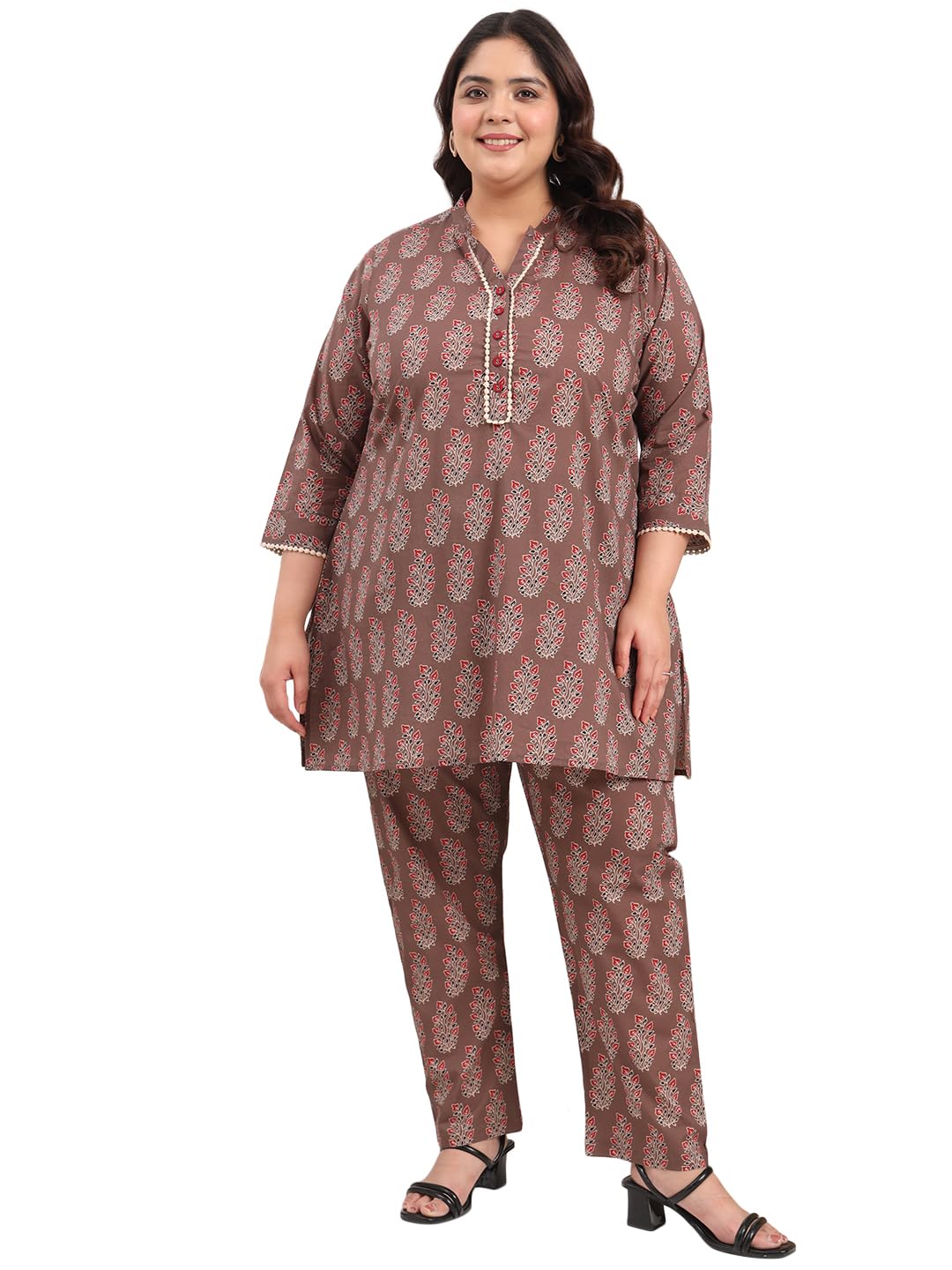 Women's Plus Size Pure Cotton Brown Floral Printed Tunic with Trouser Co-ords-image-9