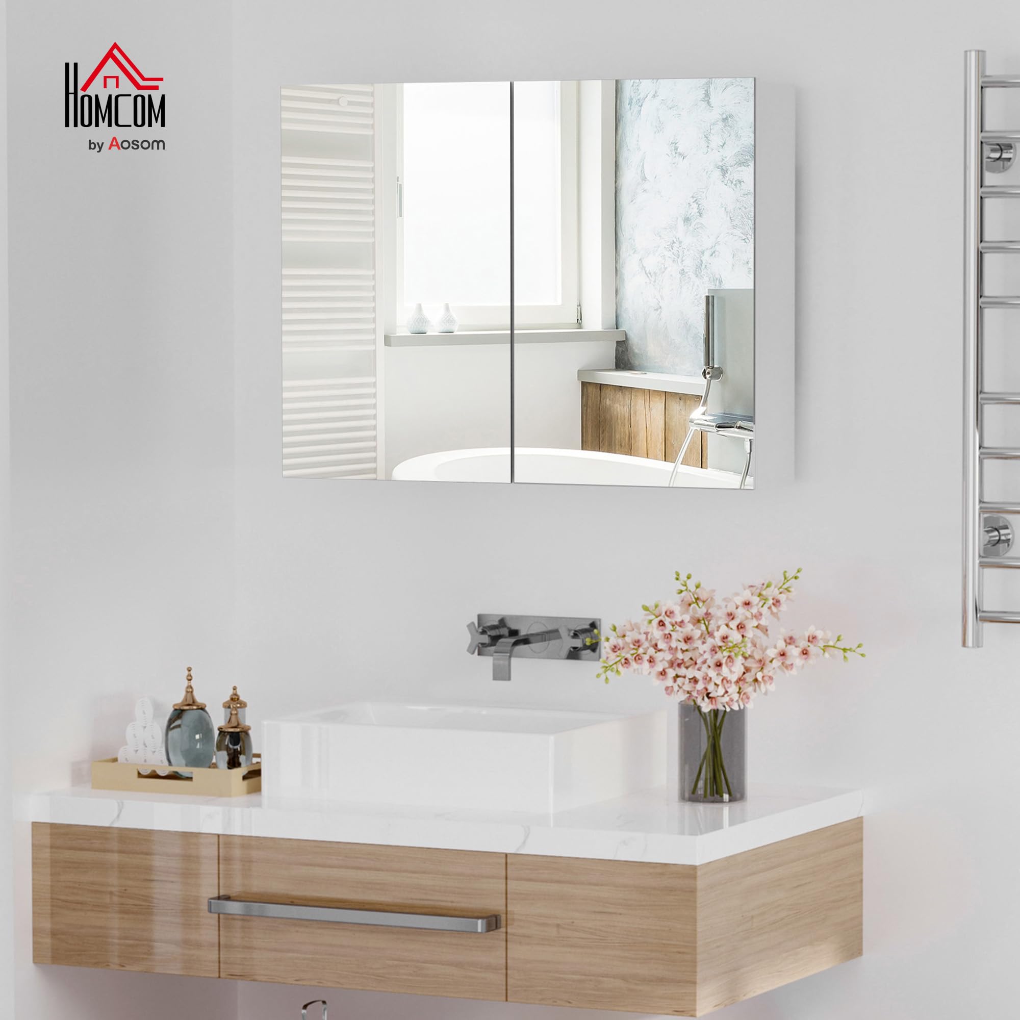 HOMCOM Specchio Bagno Contenitore con Ante a Chiusura Ammortizzata e Ripiani Regolabili, Specchiera Bagno con 3 Ripiani Interni in MDF e Vetro, 80x15x60 cm, Bianco