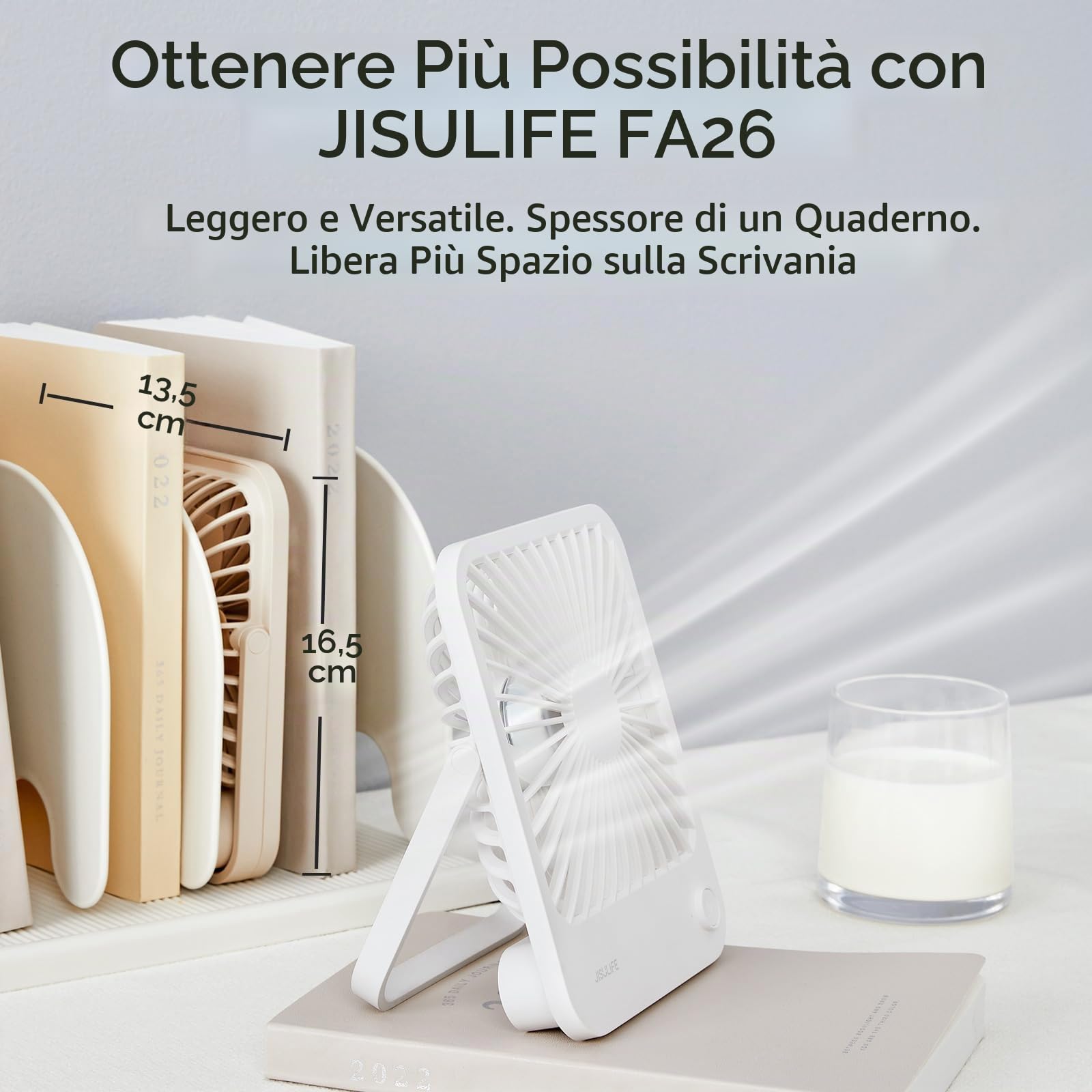 JISULIFE Ventilatore da Tavolo Portatile, 4500mAh Ventilatore Ricaricabile Alimentata a Batteria, Pieghevole a 180°, 4 Velocità Della Ventola Regolabili, Adatto a Casa/Ufficio/Viaggio-Bianco | Ventilatore USB pieghevole a 180°, 4 velocità regolabili, sile