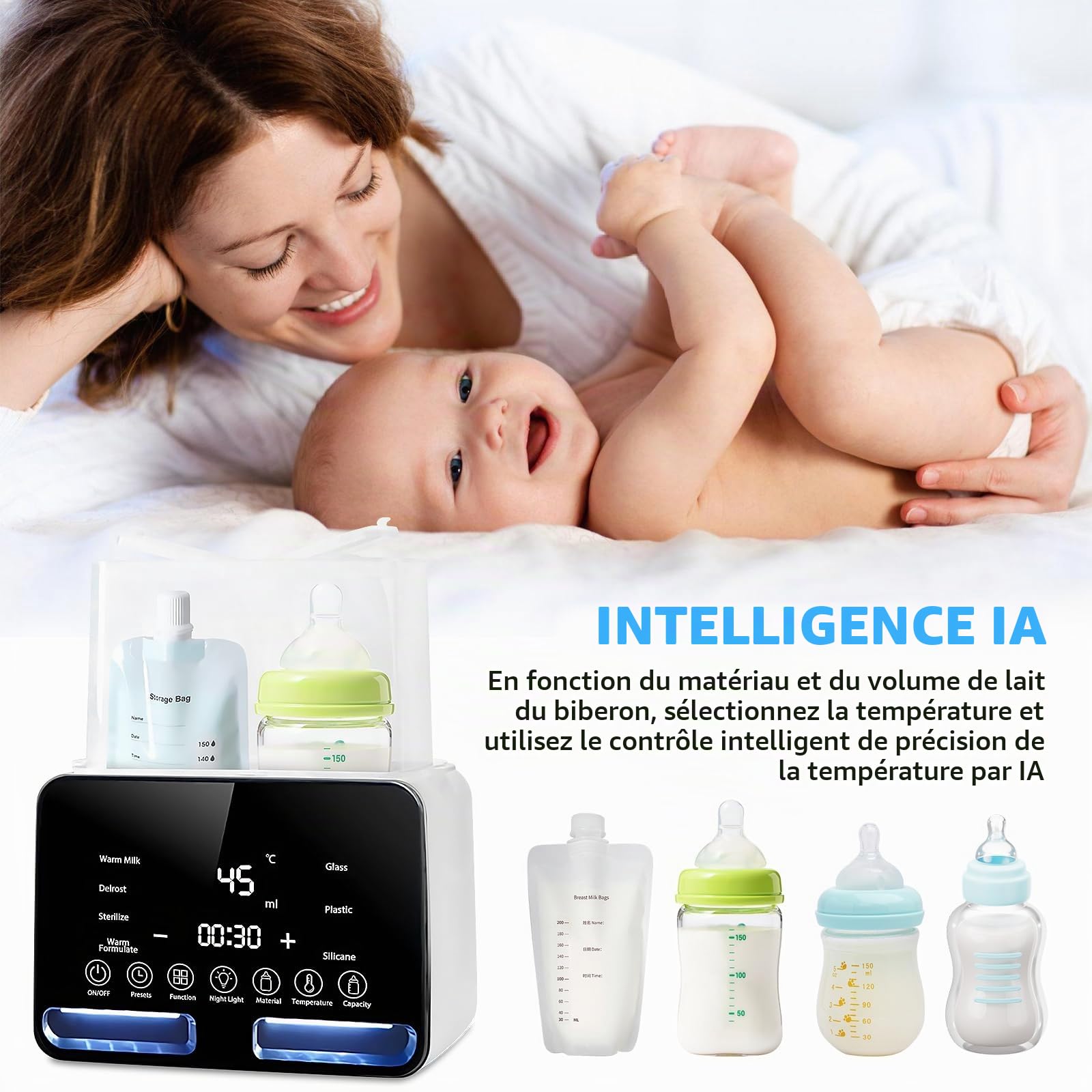 Chauffe-biberon 11 en 1 pour bébé, avec stérilisateur à vapeur, décongélation, minuterie, affichage de la température en temps réel et fonction de maintien au chaud, chauffe-lait maternel avec écran
