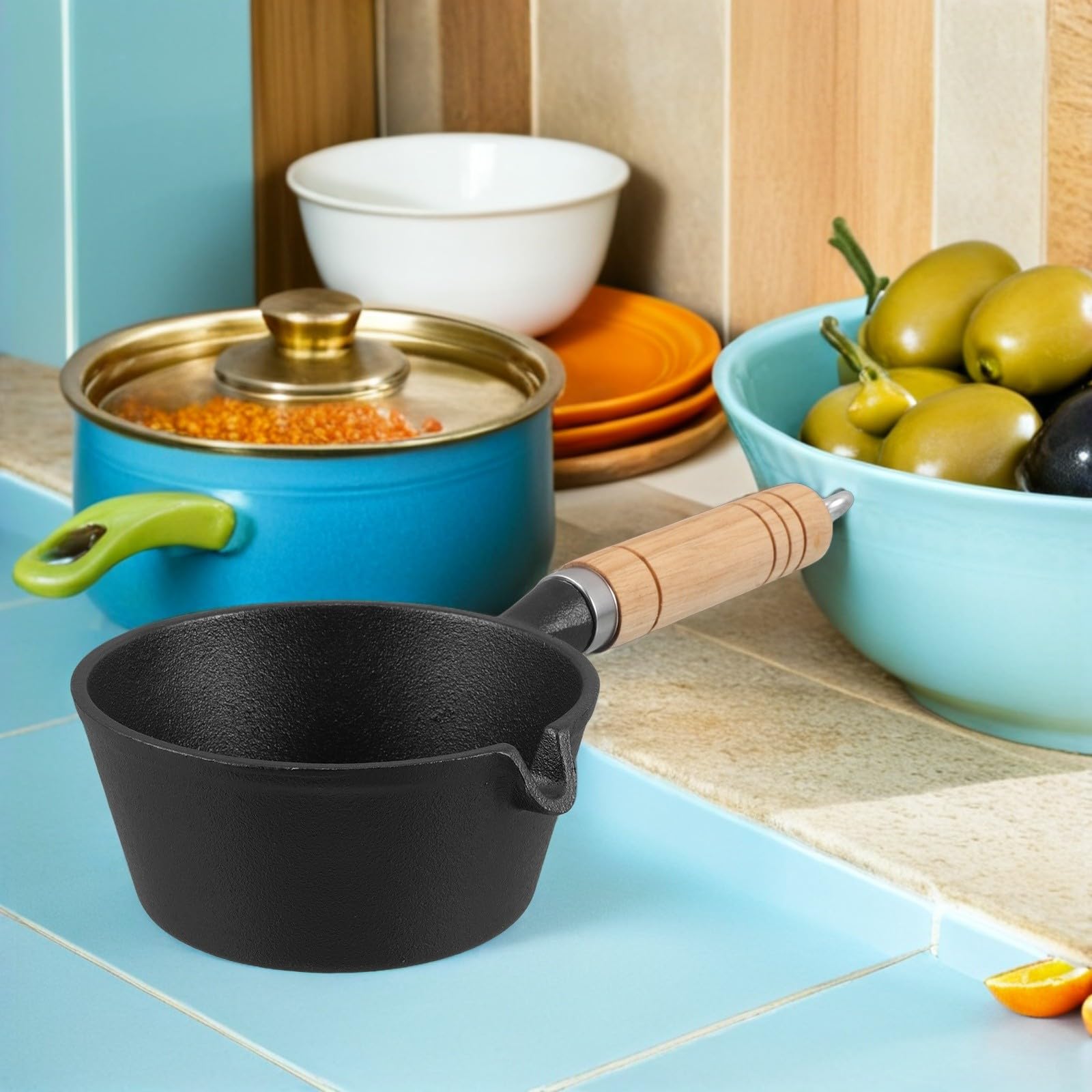 Kleiner Gusseisen Topf 13cm mit Holzgriff für Herd und Induktion Multifunktionale Butterpfanne und Bratpfanne für Frühstück und Tägliche Nutzung