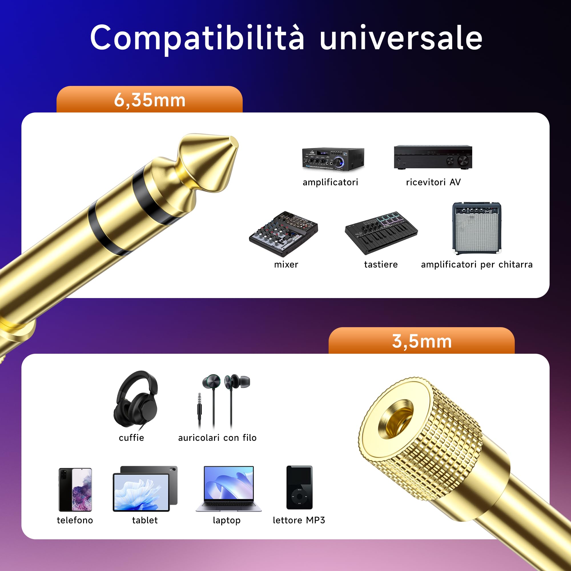 Cable Matters Confezione da 5 adattatori per cuffie 3,5 mm a 6,35 mm AUX jack