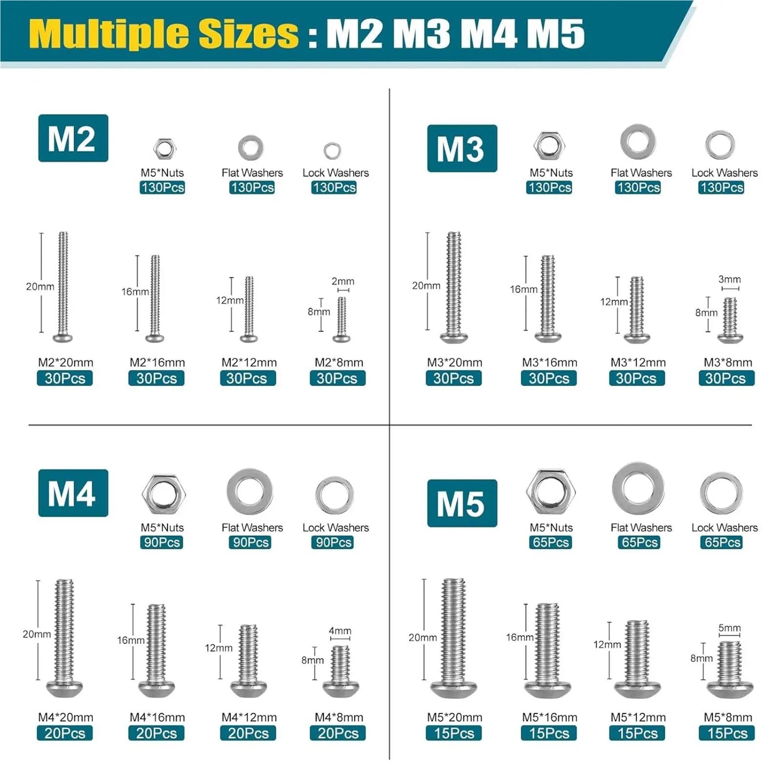 1625 pezzi M2 M3 M4 M5 304 acciaio inossidabile viti a esagono incassato bulloni dadi rondelle kit per Fissaggio Fai Da Te