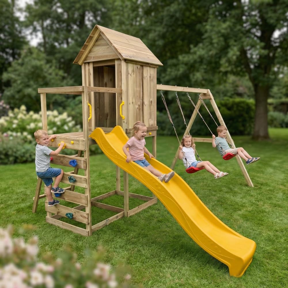 Casetta Rialzata in Legno per Bambini Maxplay 5 con Scivolo 2,2 m, Doppia Altalena e Parete Arrampicata – Parco Giochi da Giardino con Torre e Sabbiera, 368x370x262 cm, Legno Impregnato Autoclave