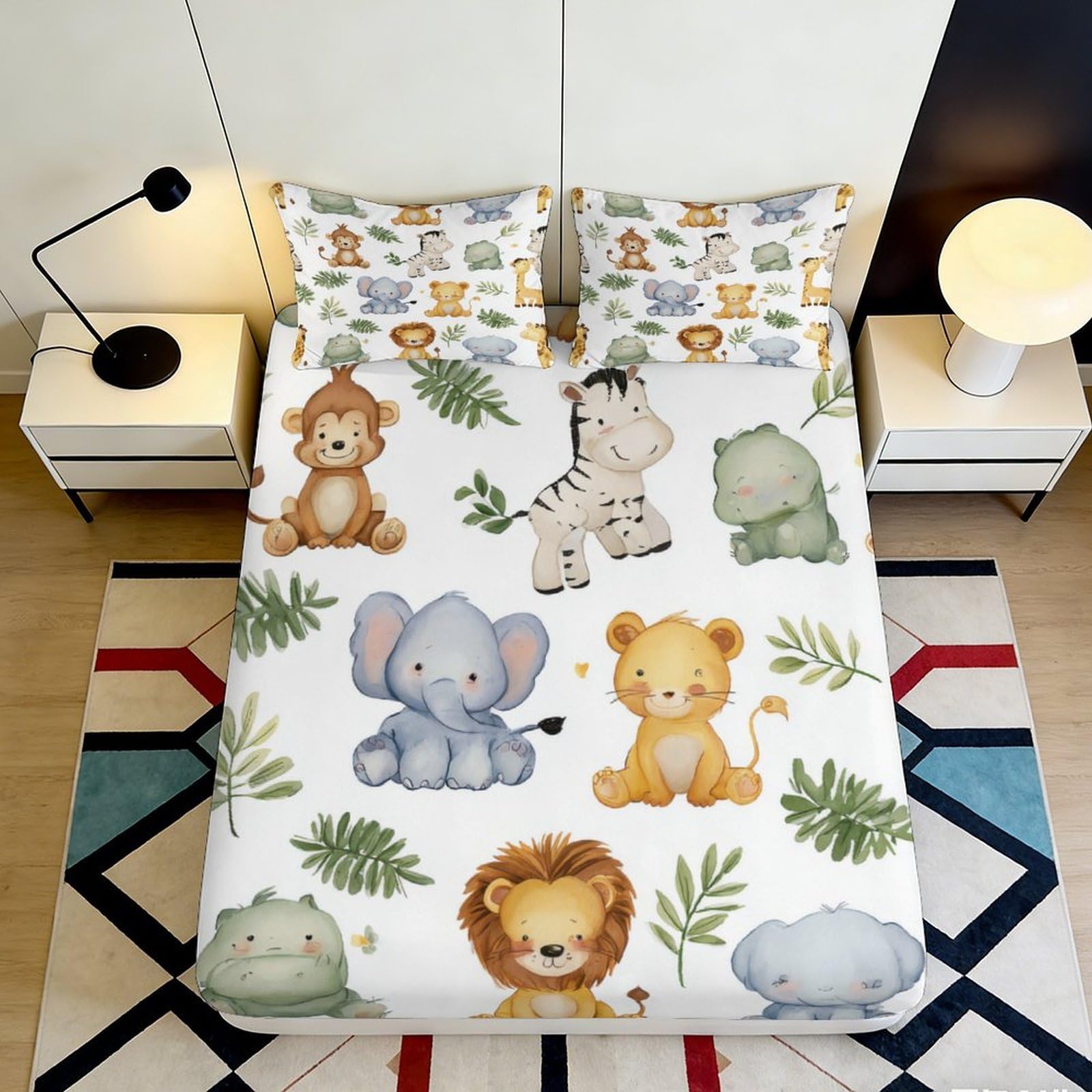 3D Printed Safari Jungle Animals Fitted Sheet Microfiber Soft Breathable Cartoon Wildlife Bed Cover for Bedroom Dorm Decor 112 180x200x25cm