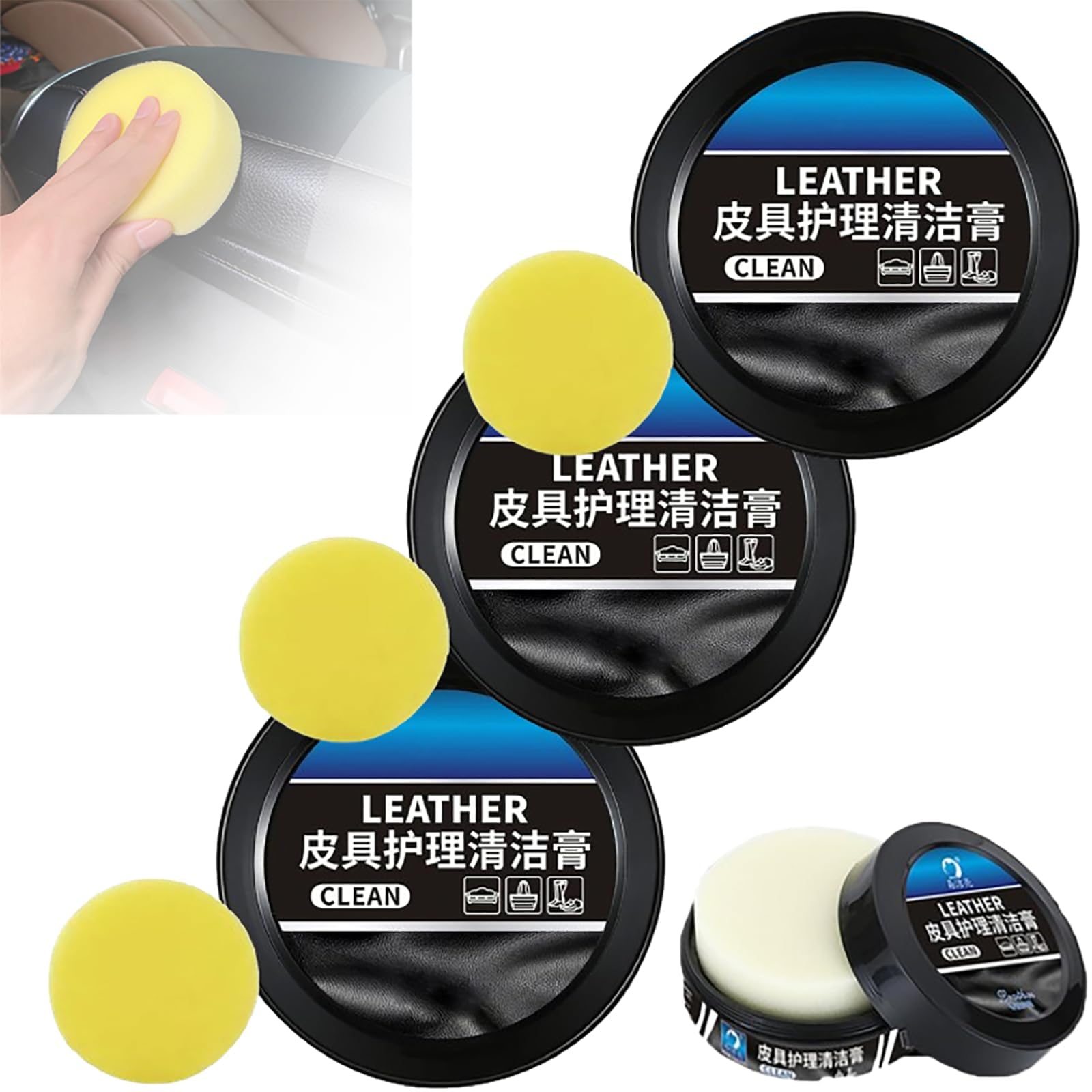 KASTWAVE Leather Repair Kit, 3 PCS Cleaning Leather Cream & Sponge, Restores & Nourishing Leather Surfaces, Use on Leather Furniture, Car Seats, Shoes, Bags, Jackets, Saddles