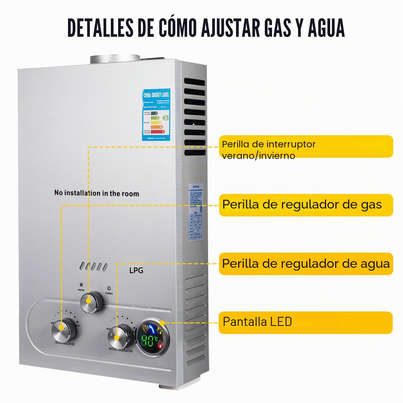 Calentador de agua de gas, 6LPM, calentador de agua instantáneo con gas, camping, GLP, propano, butano, 12 kW, acero inoxidable, presión de agua ultra baja, adecuado para la familia, autocaravanas