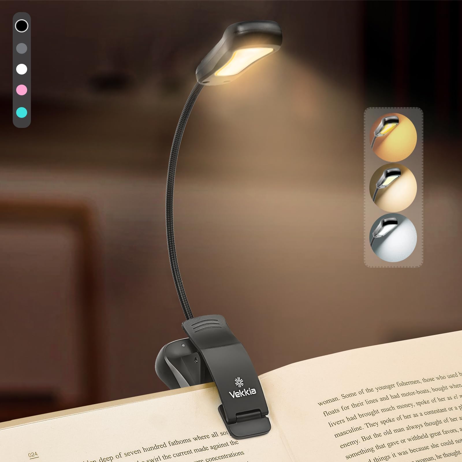Vekkia/LuminoLite Rechargeable Book Light, Reading Lights for Books in Bed, 3 Colortemperature × 3 Brightness, Up to 70 Hours Lighting, Great for Readers, Travel (Black)