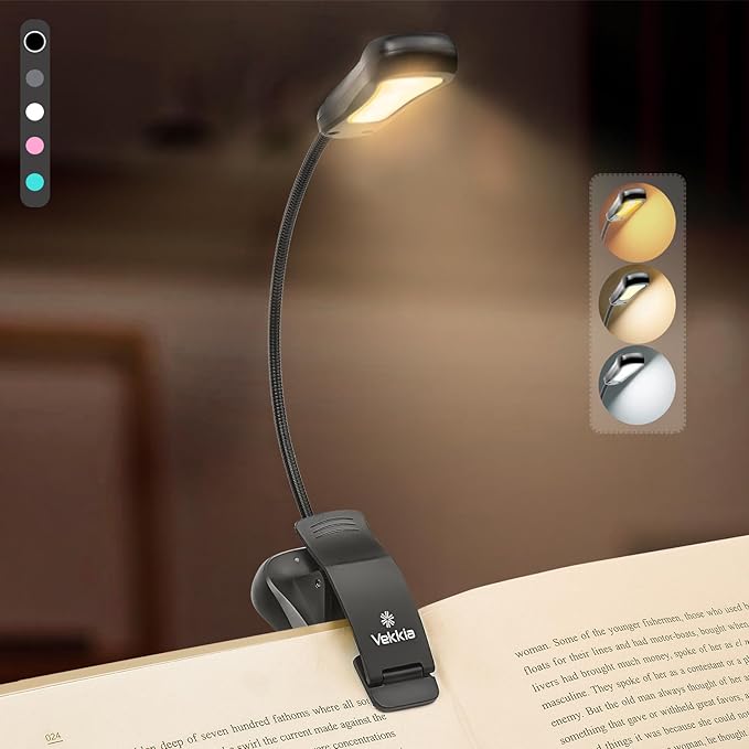 Vekkia Vekkia/LuminoLite Rechargeable Book Light, Reading Lights for Books in Bed, 3 Colortemperature × 3 Brightness, Up to 70 Hours Lighting, Great for Readers, Travel (Black)