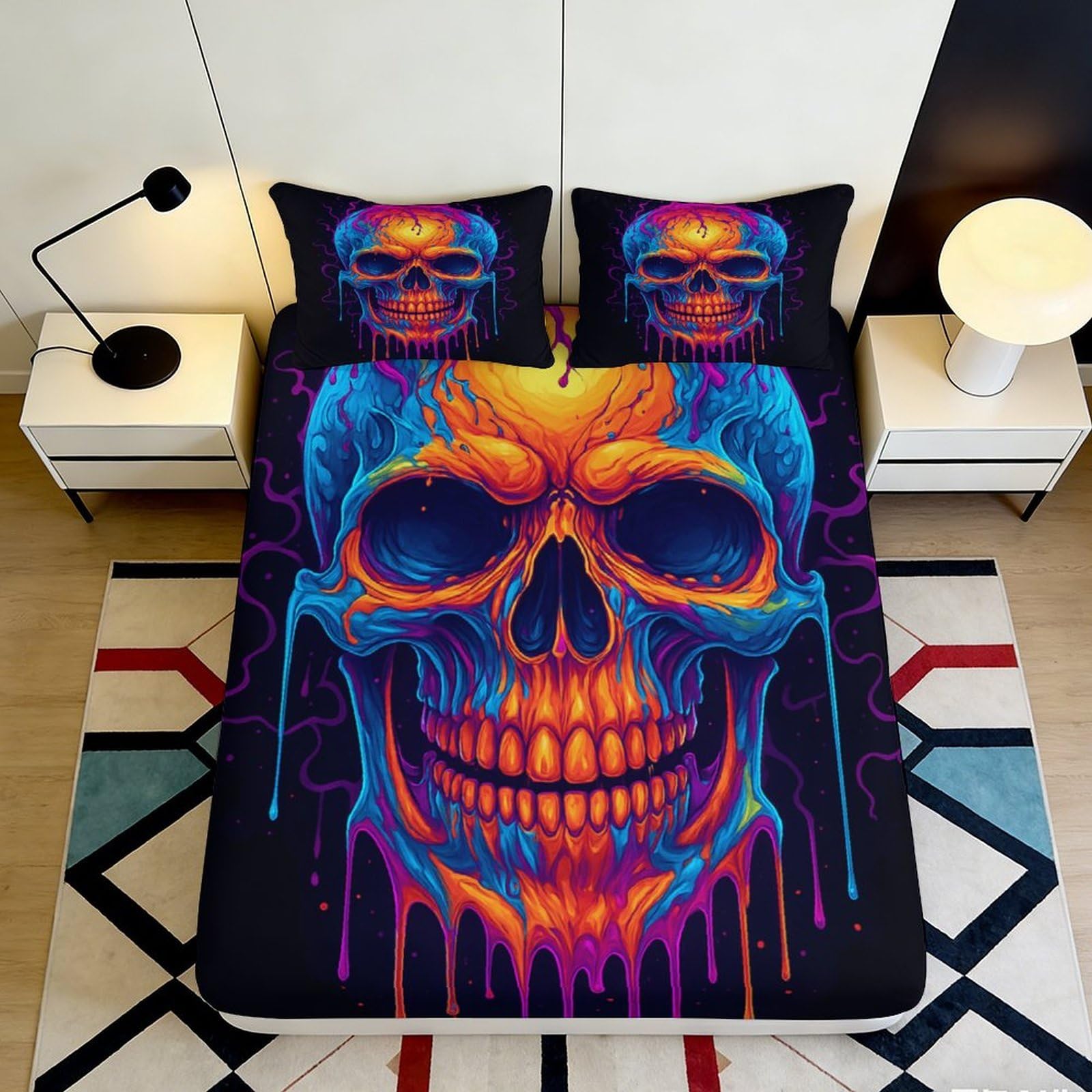 3D Printed Colorful Skull Fitted Sheet Microfiber Soft Breathable Neon Drip Bed Cover for Bedroom Dorm Dormitory Guest Room Mattress Protection Decor 200x200x25cm