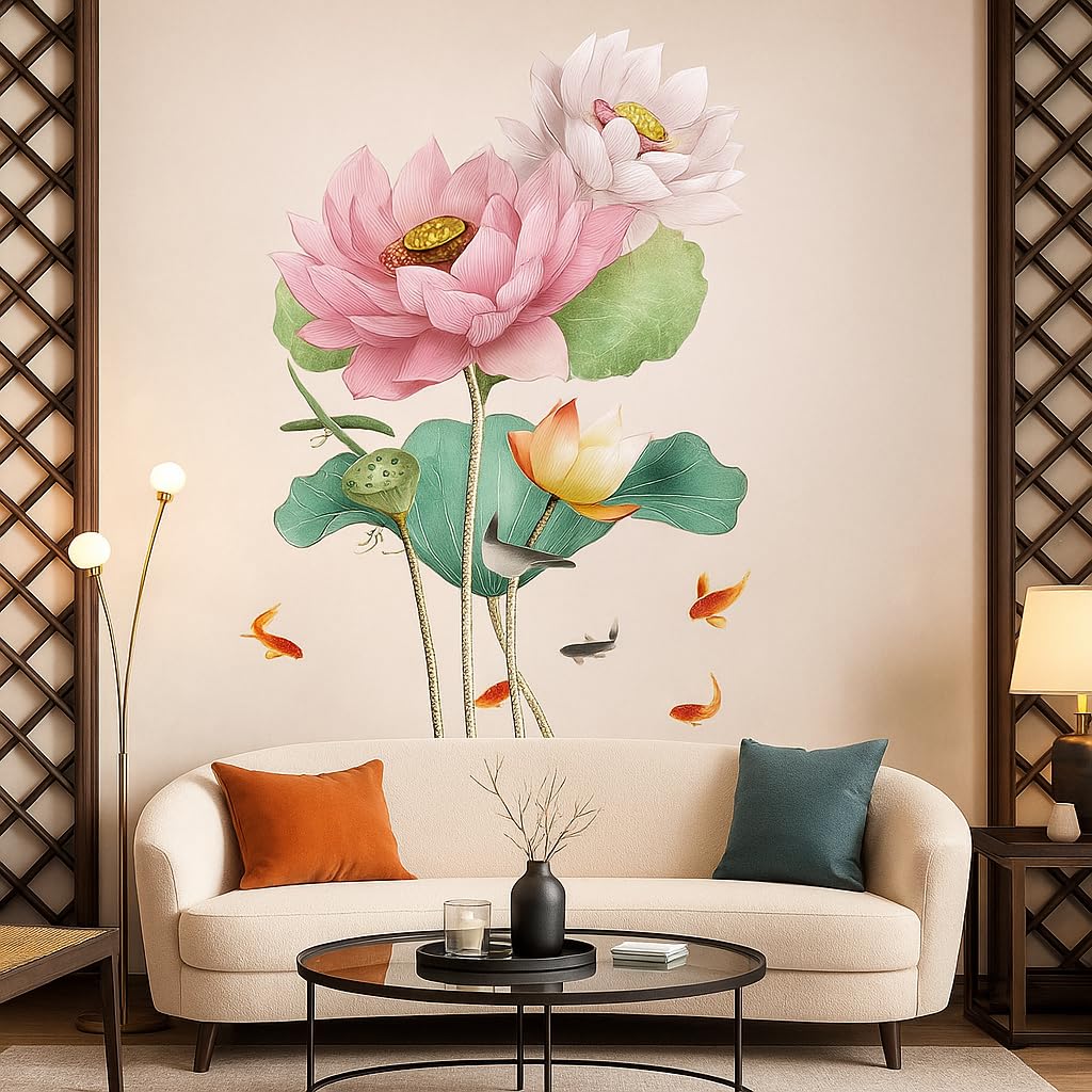 Xtore Modern Pink Lotus Flower Wall Stickers Green Leaves Fish for Wall Decor (Pack of 1, Multi)