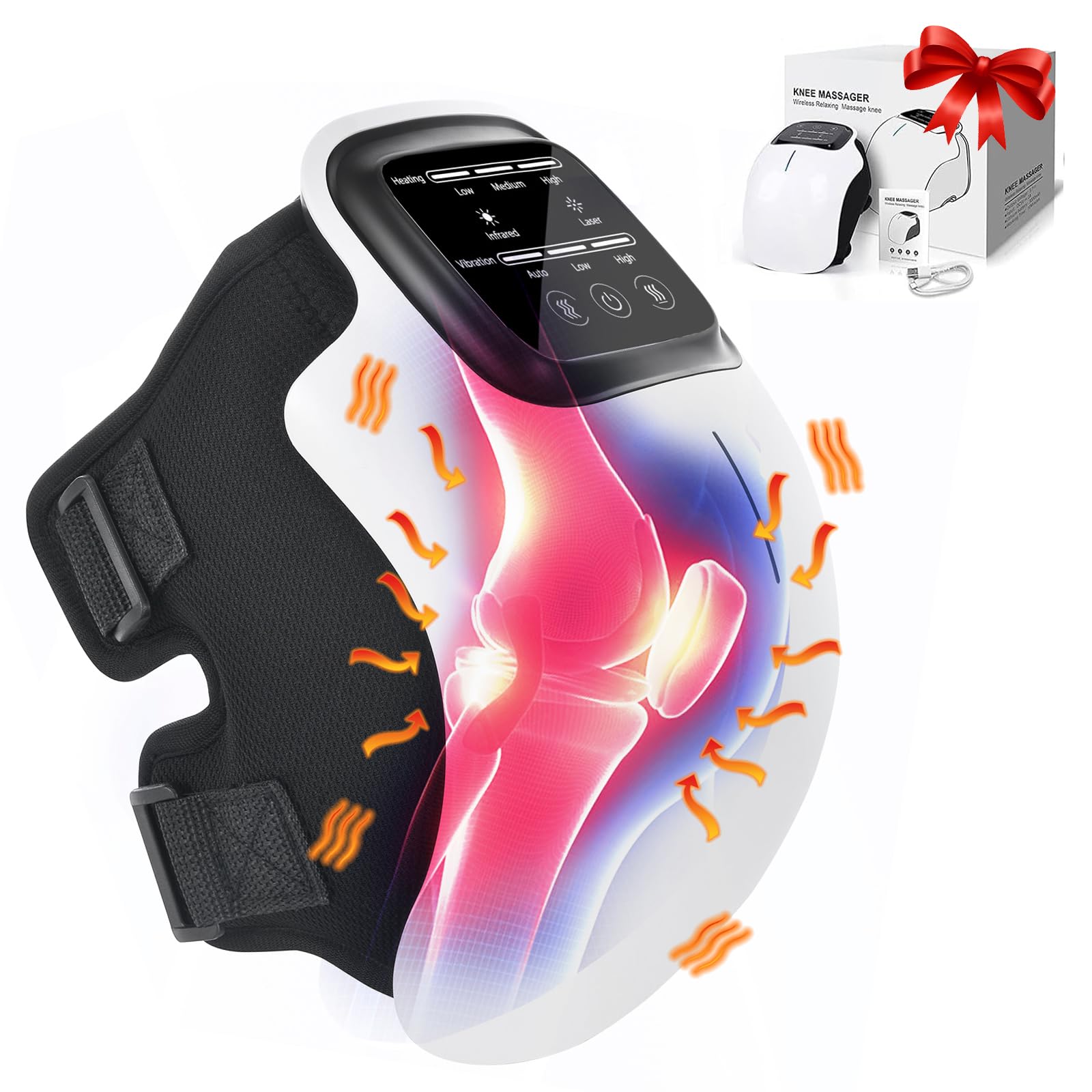 Masajeador de Rodillas Inalámbrico con Calor Infrarrojo, Banda Ajustable 48 cm, Masaje Vibratorio, Pantalla Táctil LED, USB Tipo-C, Confort para la Rodilla para ​Día del Padre