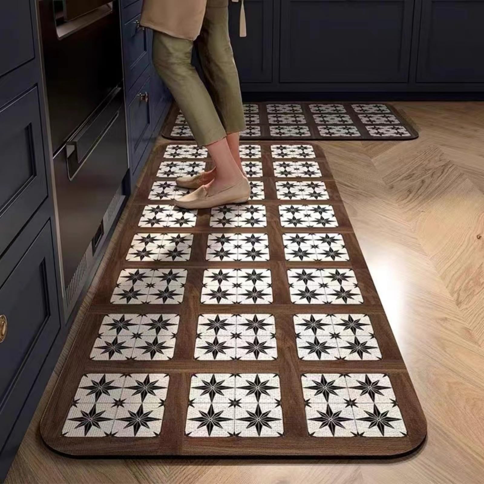Tapis Cuisine 50X80Cm+50X160Cm Marron Noir Tapis De Cuisine Anti-Fatigue Au Design Moderne,Antidérapant Et Lavable,pour L'Intérieur,pour Couloir Et Le Salon