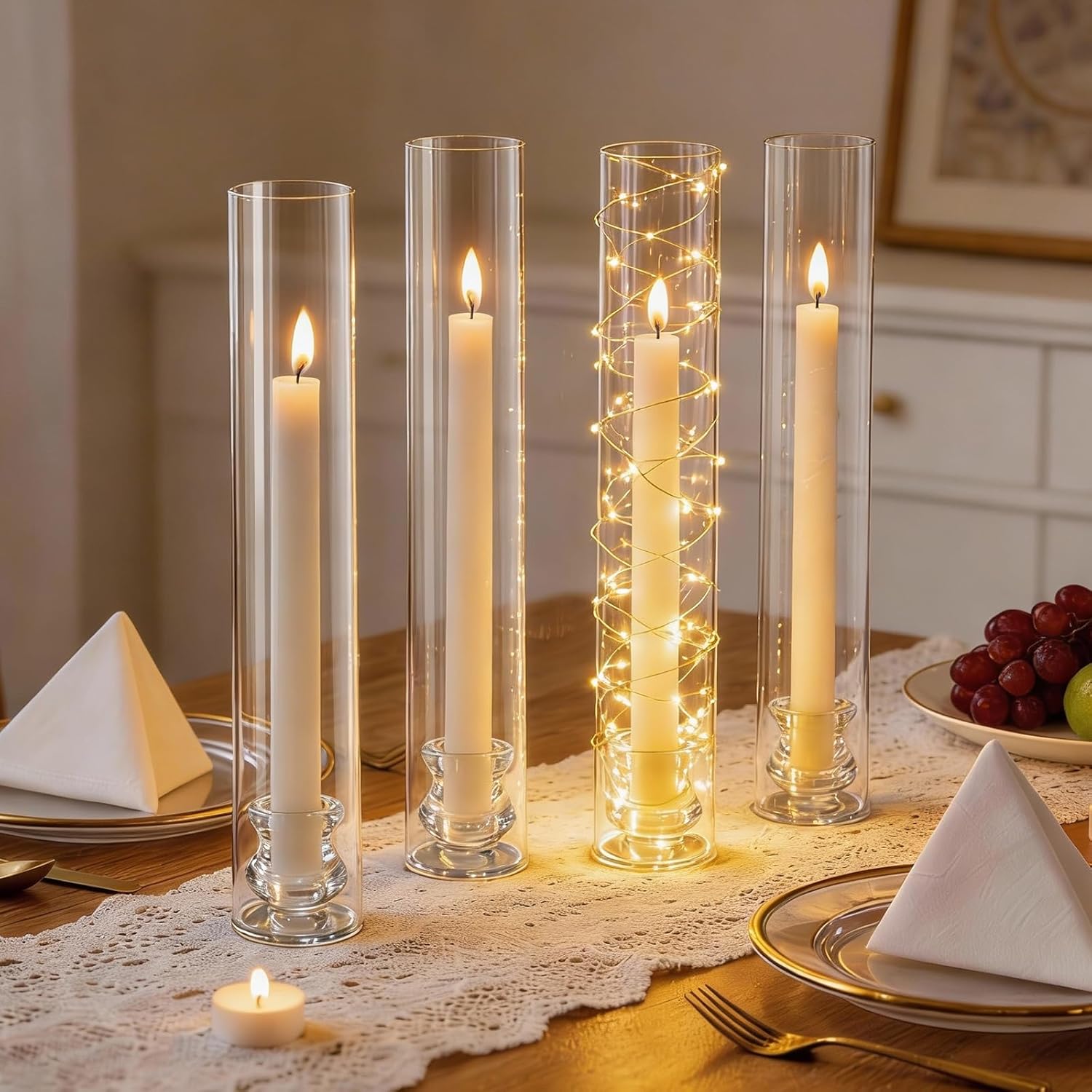 Hurricane Glass Candle Holder Set of 12 with Clear Taper Candle Holders Base - 14" Tall Clear Glass Taper Candlestick Holders Windproof for Wedding Table Centerpiece Home Decor