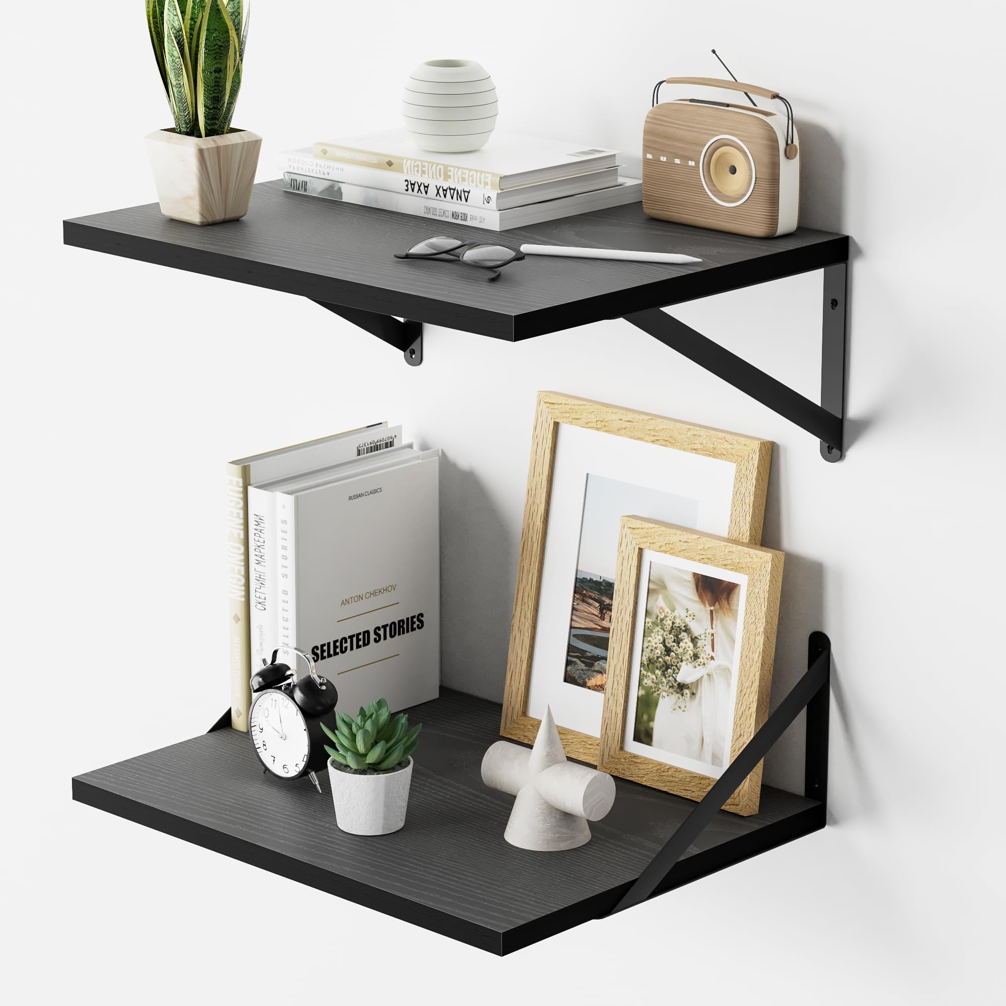 Deep Floating Shelves for Wall, 16" W x 12" D Black Engineered Wood Wall Shelves for Living Room Bedroom Bathroom Kitchen Storage Decor, Black Metal Brackets, Set of 2