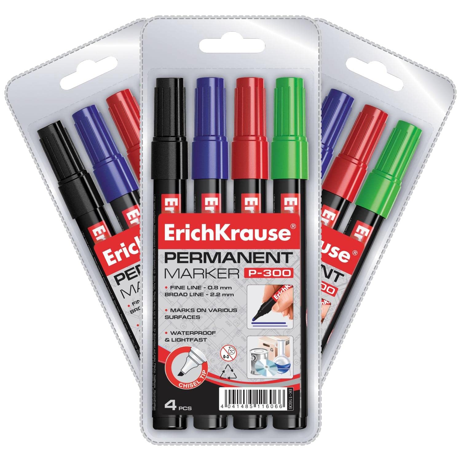 Erich Krause P-300 Permanent Markers, 4PC Assorted Colour Pack - Set of 3