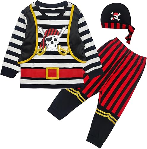 Toddler Kids Baby Boys Halloween Pirate Costumes Outfit with Hat, Children's Buccaneer Captain Clothes with Headpiece