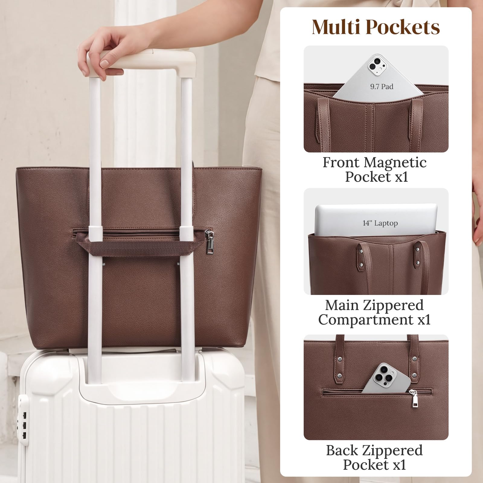 S-ZONE Grand sac fourre-tout en cuir végétalien pour femme, sac à main, voyage, déplacement, bureau, enseignante