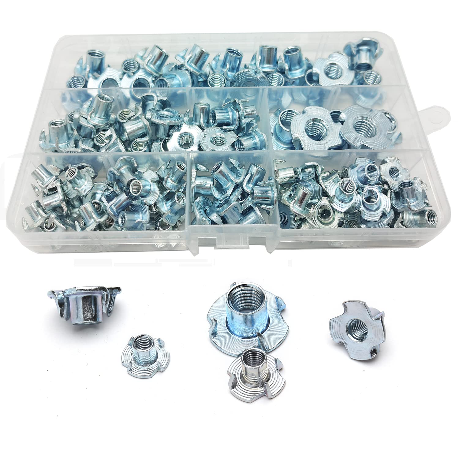 WeqeYent115 Pcs M4/M5/M6/M8/M10 Four Pronged T Nuts Kit, Metal Claw Nut 4 Pronged Threaded Inserts, Zinc Plated Carbon Steel Tee Nuts for Woodworking Furniture