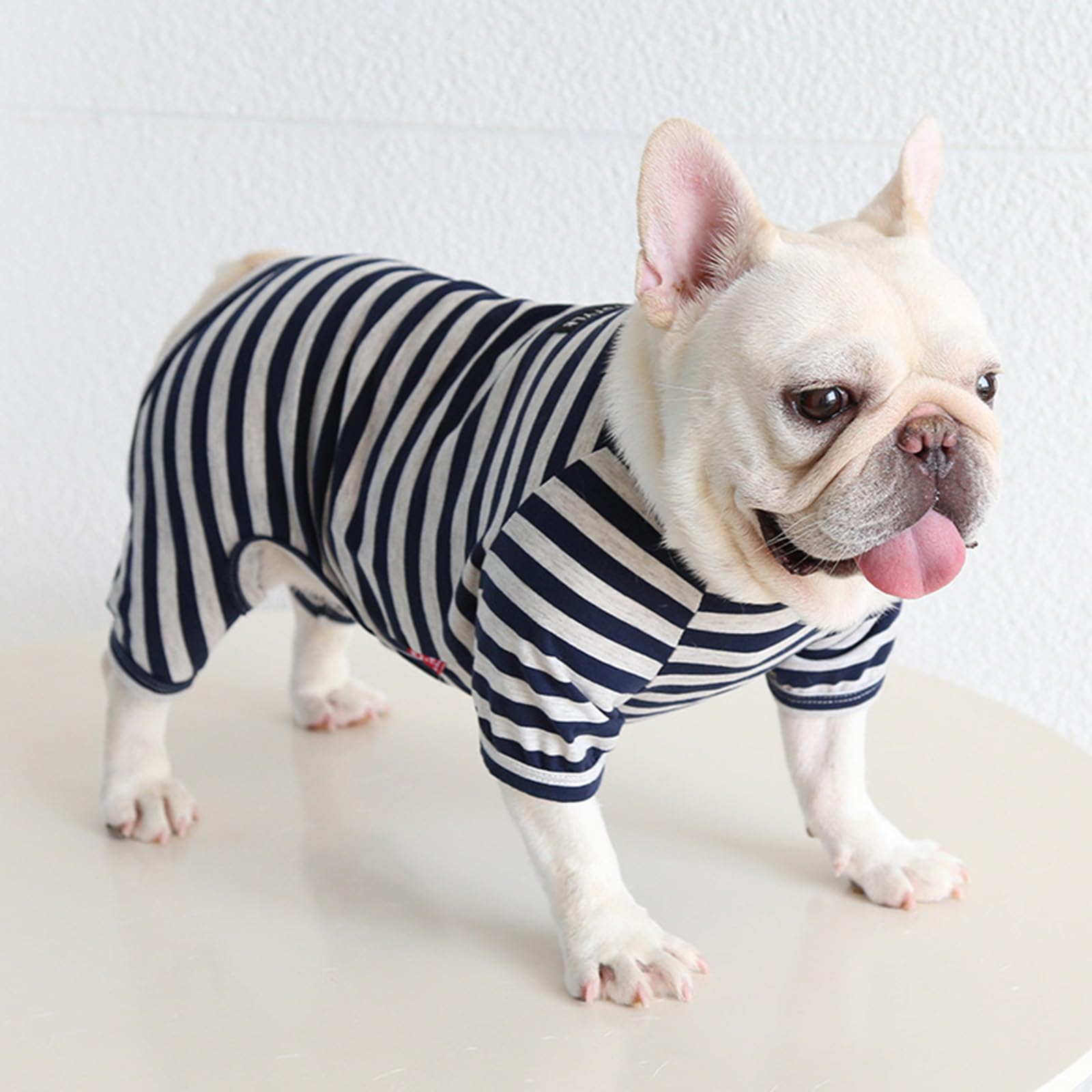 BT Bear Fat Dog Clothes,Dog Classic Striped Pajamas Soft Cotton Jumpsuit Pug French Bulldog Onesies Costume for Puppy Small Medium Dogs (Navy Blue - Image 2