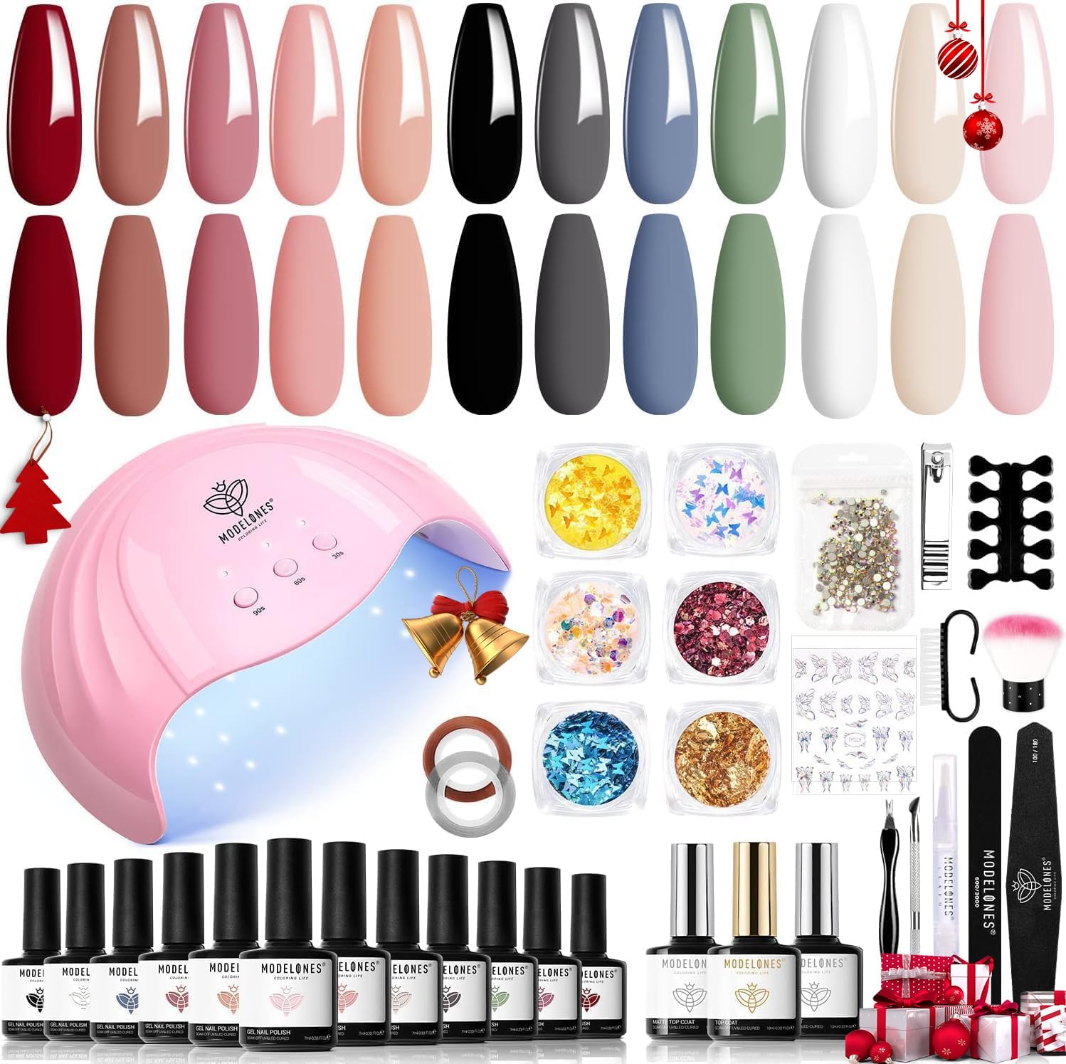 modelones Kit Uñas Semipermanentes 35Pcs 12 Colores Pintauñas Semipermanentes con Lampara Uñas 48W Kit Manicura Semipermanente Base y Top Coat