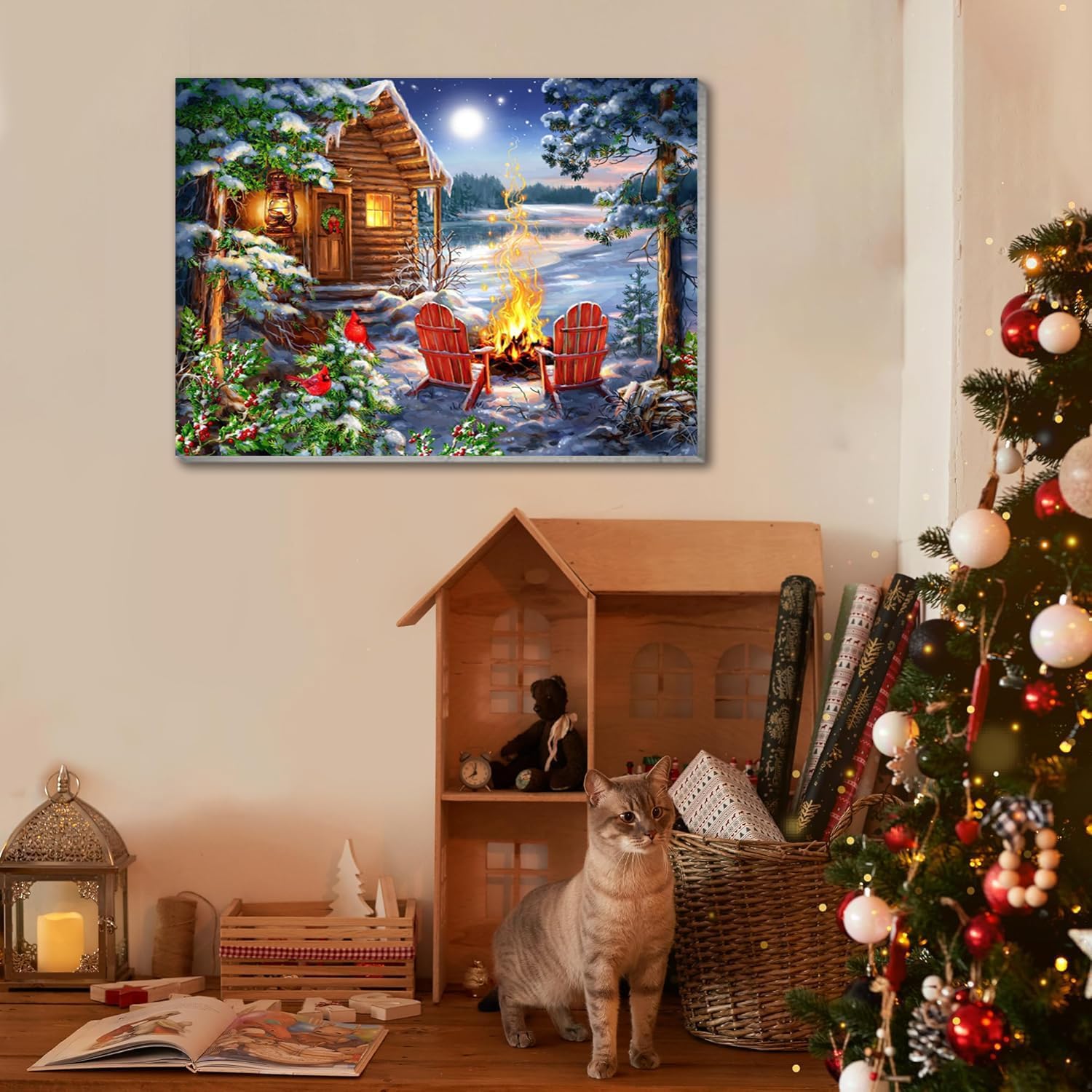 4 Pack Christmas Paint by Numbers Kit for Adults with Framed,Snowman Truck Candle Christmas Tree Paint by Number with Wooden Easel DIY Winter Bonfire Landscape Adult Paint by Number Kits10X12-10x10in