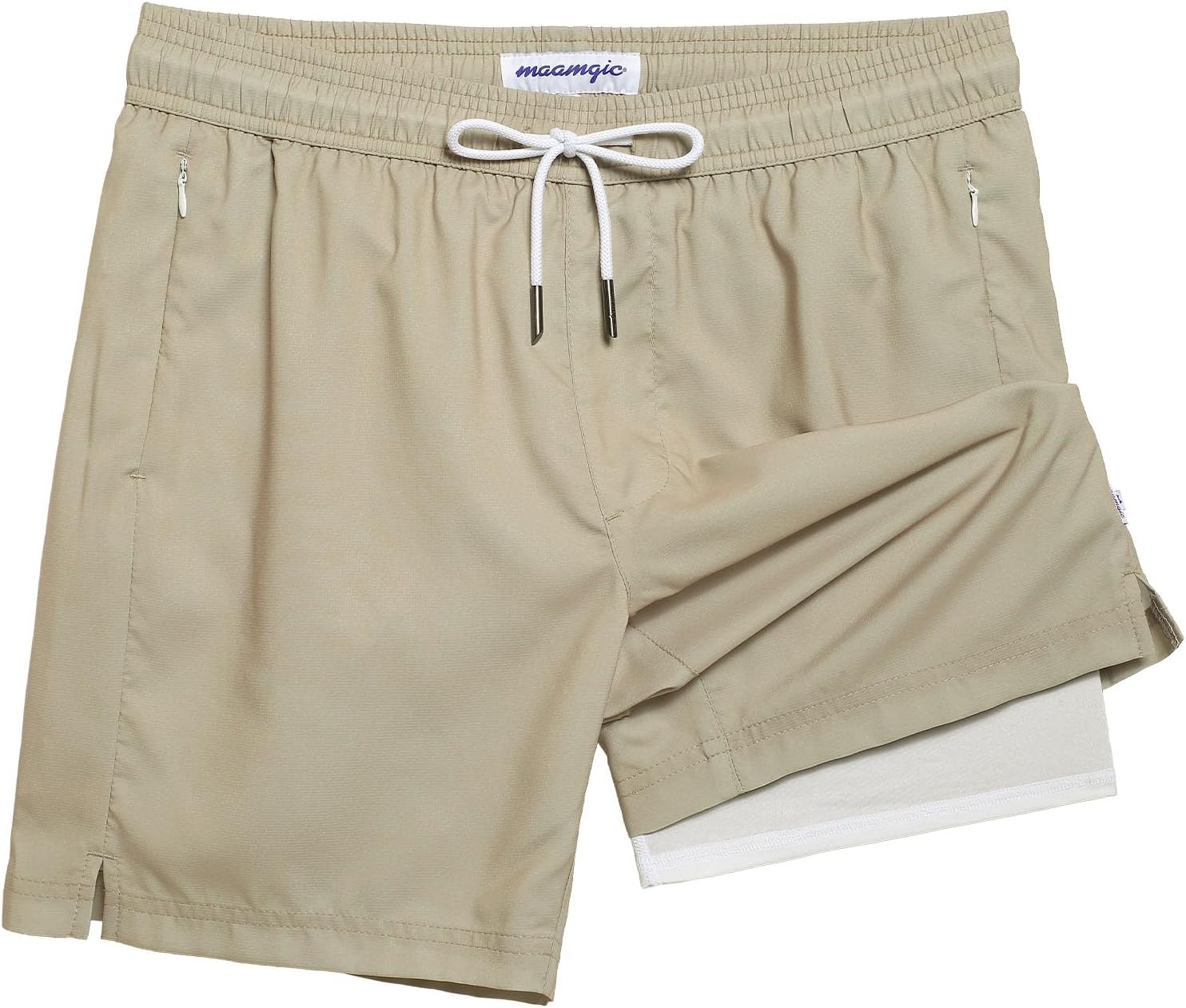 maamgic Mens Swim Trunks 7" Swim Shorts with Compression Liner Quick Dry Swimming Trunks Plaid Grain Bathing Suit