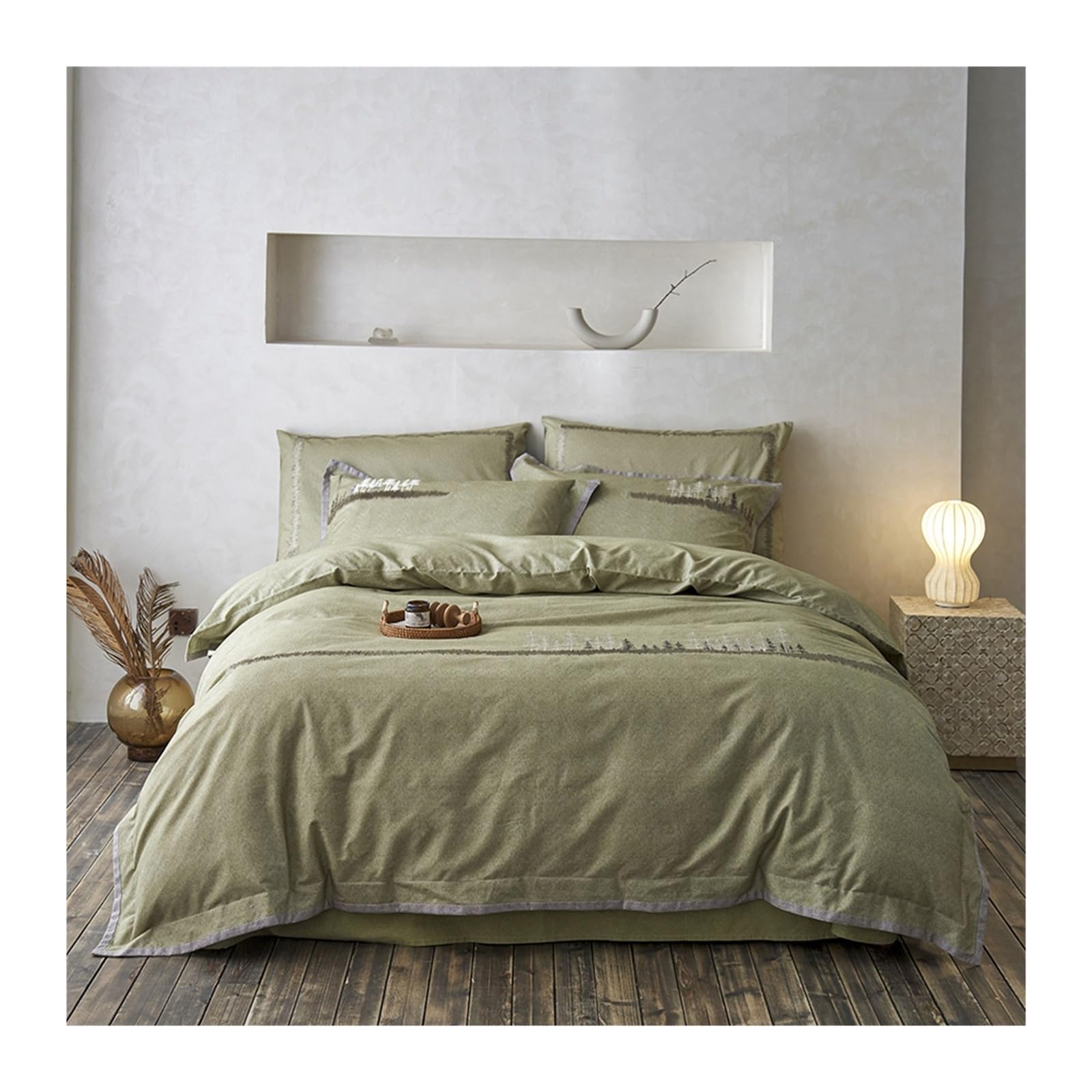 Housse de couette 220x240 en microfibre lavée verte brodée