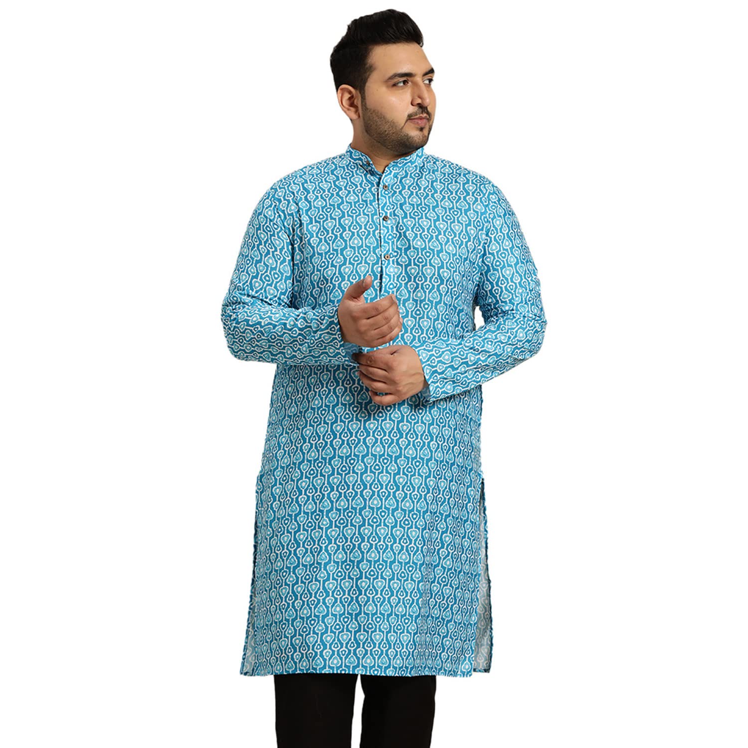 Sojanya Plus (Since 1958) Men's Cotton Turquoise Blue And White Printed Only Long Kurta