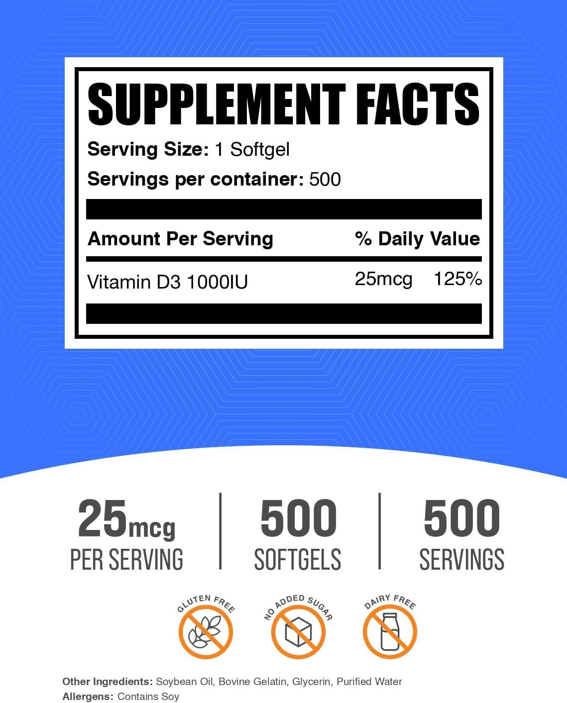 BulkSupplements.com Vitamin D3 1000IU Softgels - Cholecalciferol, D3 Supplement, Vitamin D 1000 IU - 1 Vitamin D3 Softgel (25mcg of Vitamin D) per Serving, 500 Count (Pack of 1)