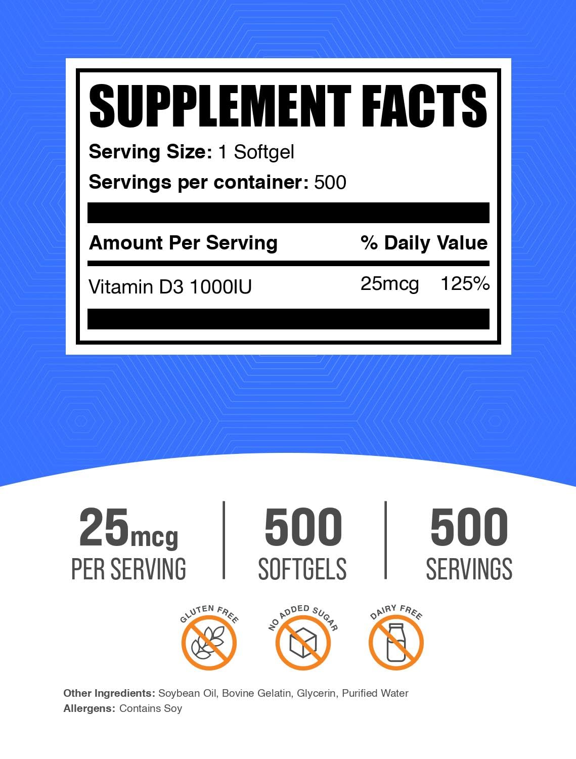 BulkSupplements.com Vitamin D3 1000IU Softgels - Cholecalciferol, D3 Supplement, Vitamin D 1000 IU - 1 Vitamin D3 Softgel (25mcg of Vitamin D) per Serving, 500 Count (Pack of 1) — Amazon image 2