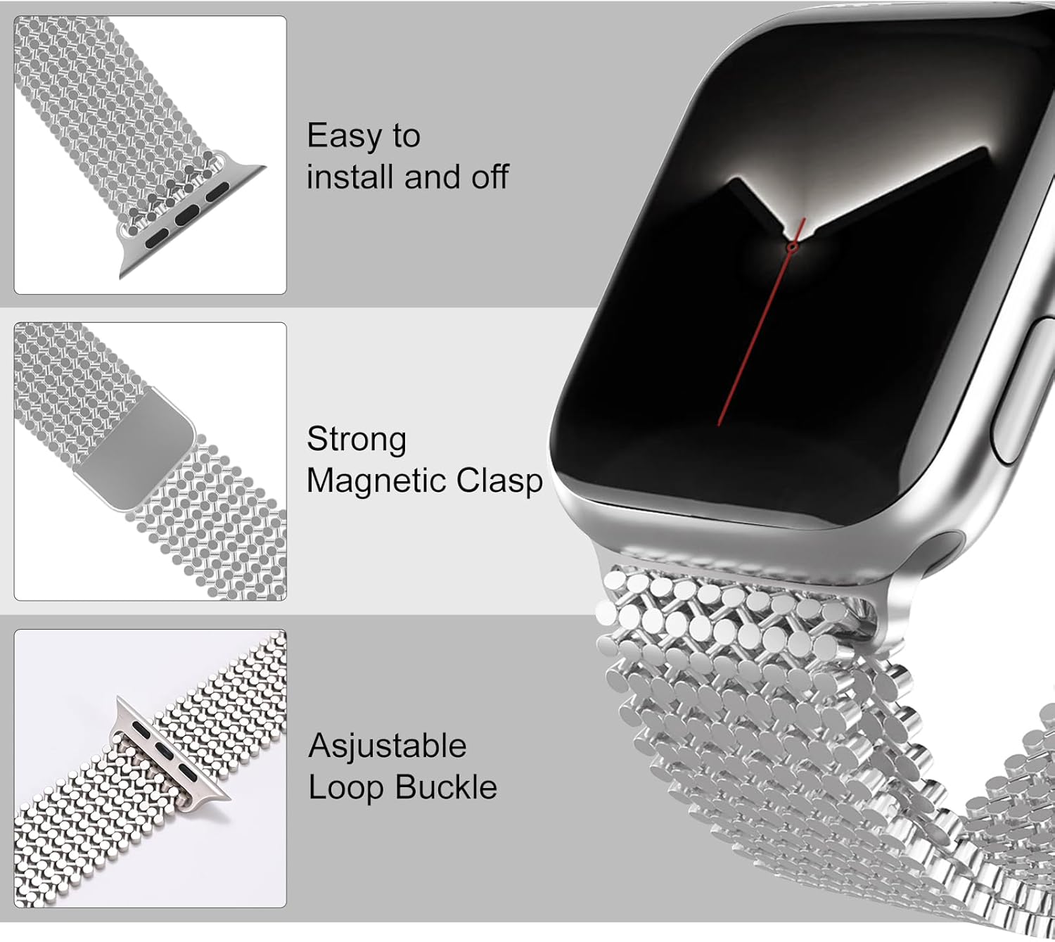 Stainless Steel Watch Band Compatible with Apple Watch Band 38mm 40mm 41mm 42mm 44mm 45mm 49mm Women Men ,Smartwatch Bands Metal Sport Loop Adjustable Strap Magnetic Clasp Molecular Structure Mesh Wristband for iWatch Series