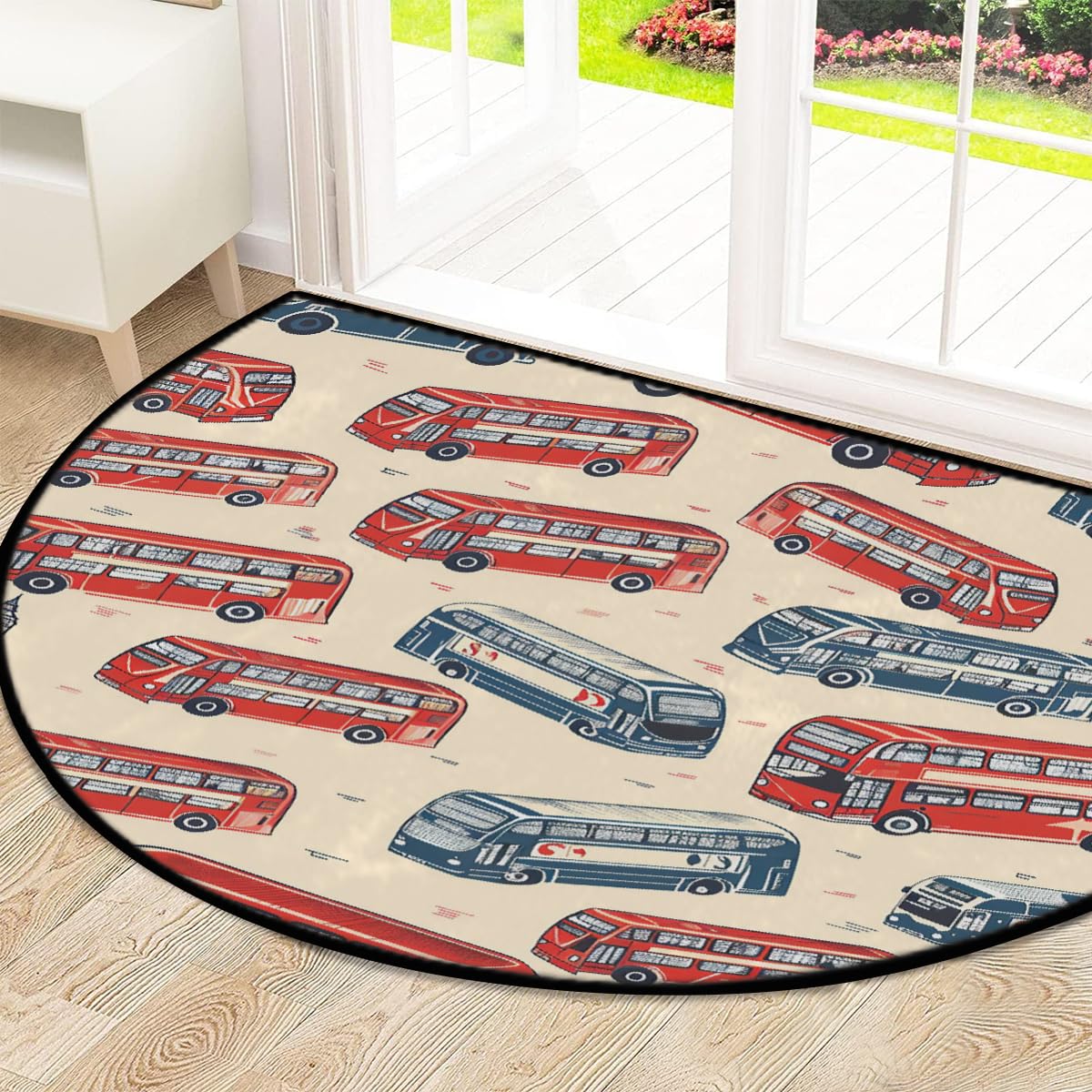 Mexpekil Paillasson demi-lune en forme de bus rouge et bleu, pour intérieur et extérieur, antidérapant, lavable, absorbant, anti-saleté, 100 x 160 cm