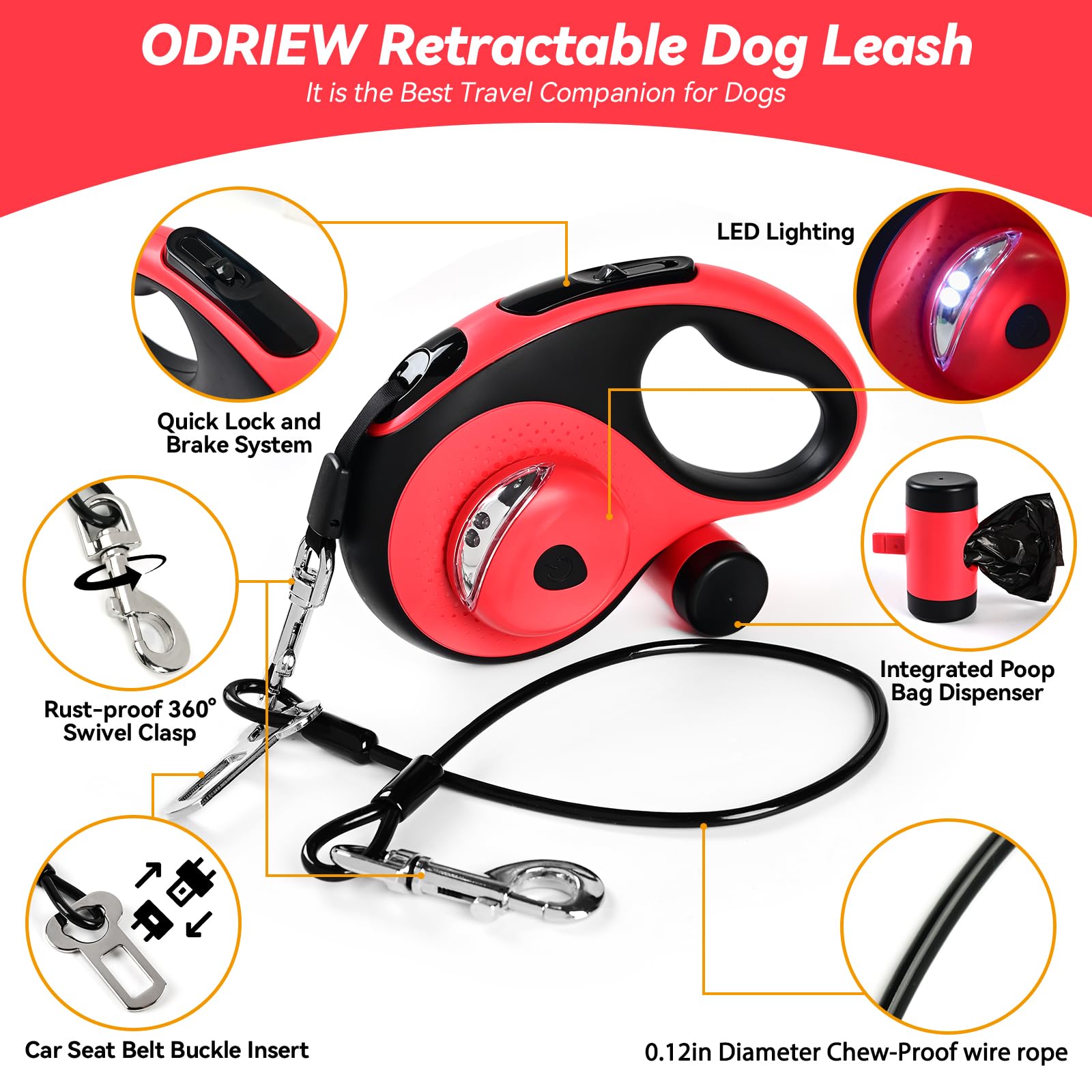 Laisse rétractable 6 en 1 pour chien avec câble anti-mastication, lumière LED, distributeur, 2 sacs à déjections canines, frein et verrouillage à un bouton, poignée antidérapante, pour petit et