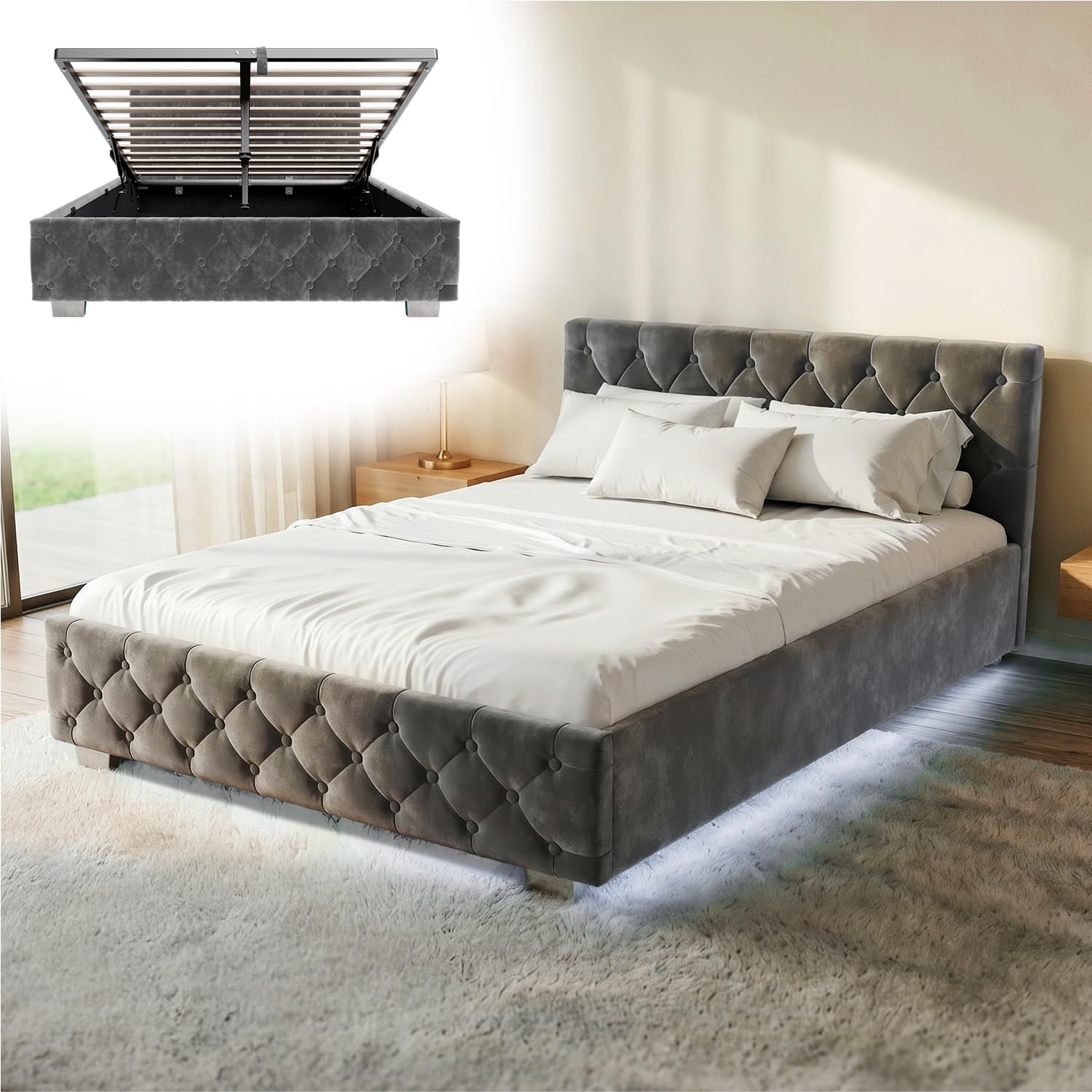 Juskys Polsterbett Nizza 140x200 cm mit Stauraum, LED-Beleuchtung und Lattenrost – Grau