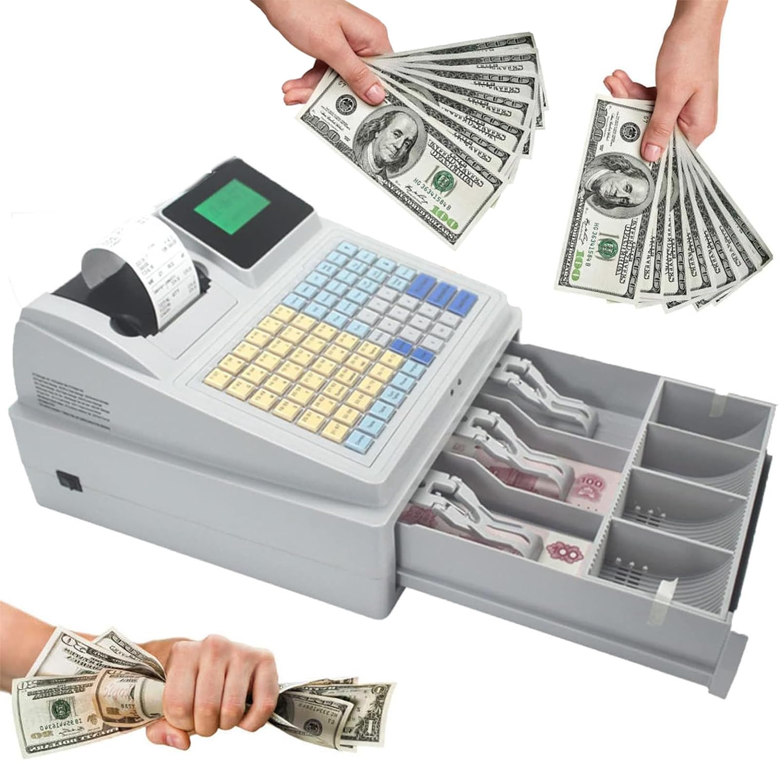 Elektronische Registrierkasse für den Einzelhandel, 81-Tasten-Multifunktions-Kasse, mit Thermodrucker und Schublade für kleine Unternehmen