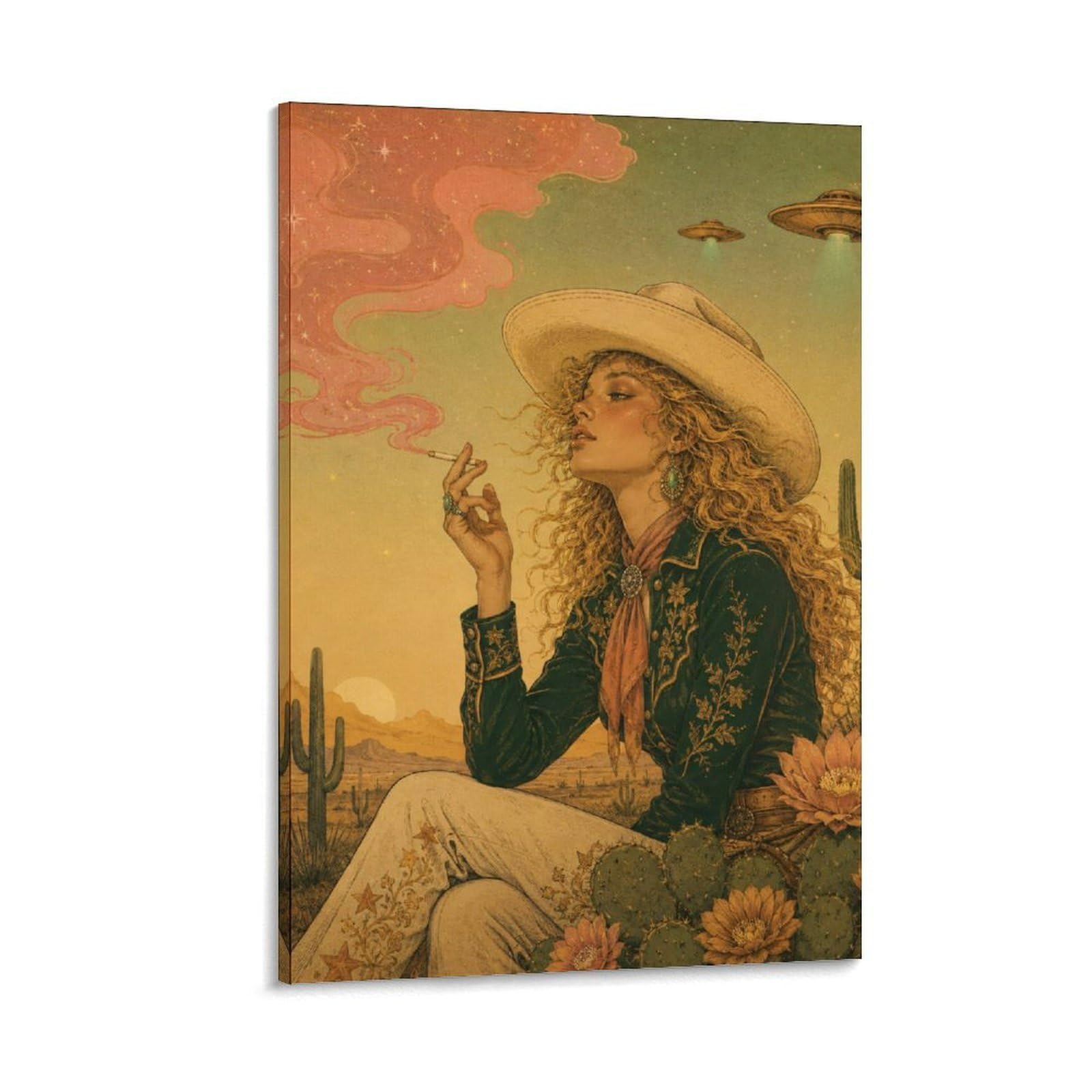 H3B8U2Y5 UFO Cowgirl Desert Sunset Canvas Wall Art, Vintage Western Artwork
