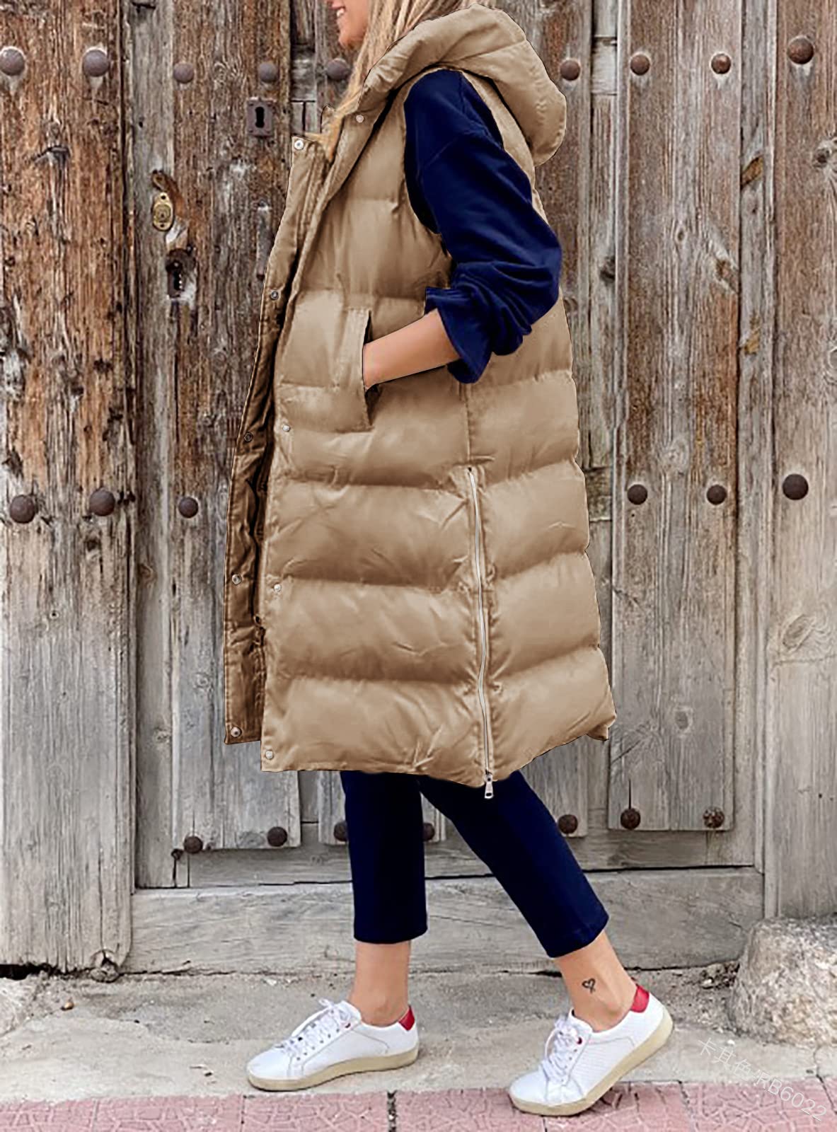 Piumino Lungo Da Donna Senza Maniche Piumino Con Cappuccio Taglia Grande Invernale Leggero Gilet Con Tasche Giacca Trapuntata Antivento,Cachi,L
