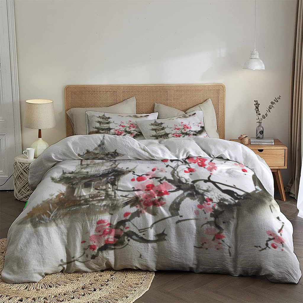 NIBAINLO 布団カバー日本の建物とピンクの花が咲く桜のインク 肌に優しい ピーチスキン加工 掛け布団カバー 和式 洋式 あったか 布団カバーセット リバーシブル ホームステイ ホテル 家庭兼用