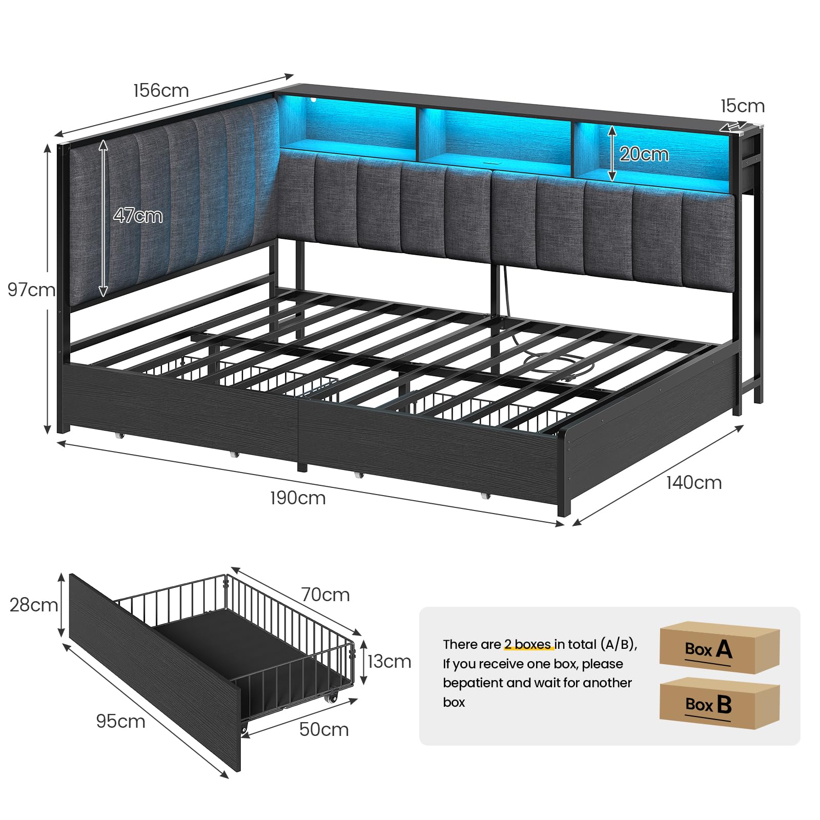KIMENICH Cama tapizada sofá Cama 140 x 190 cm con iluminación LED, estación de Carga, cabecero Alto Acolchado, Cama de día Juvenil con 2 cajones y somier de láminas de Metal, estantes Abiertos, Gris