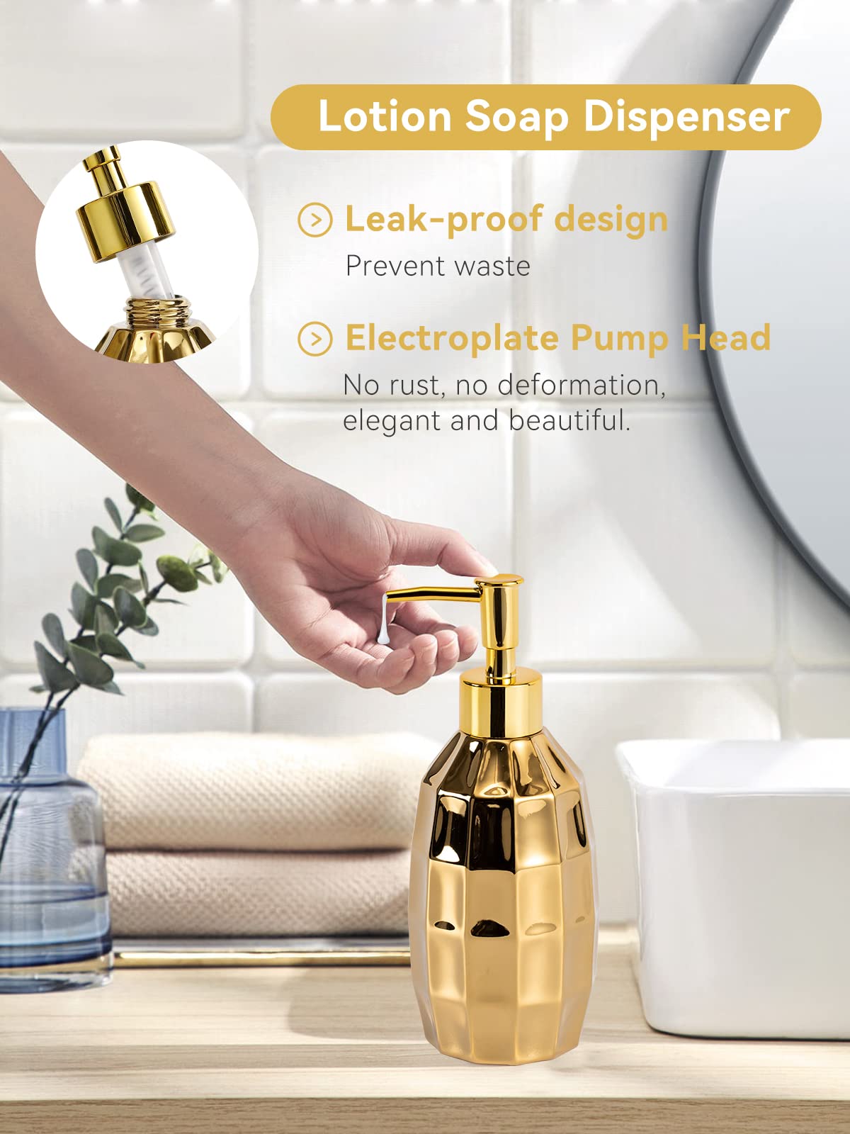 Juego de Accesorios de baño, Juego de Accesorios de baño de cerámica con Mosaico Dorado Que Incluye dispensador de loción, Vaso para Cepillo de Dientes y jabonera