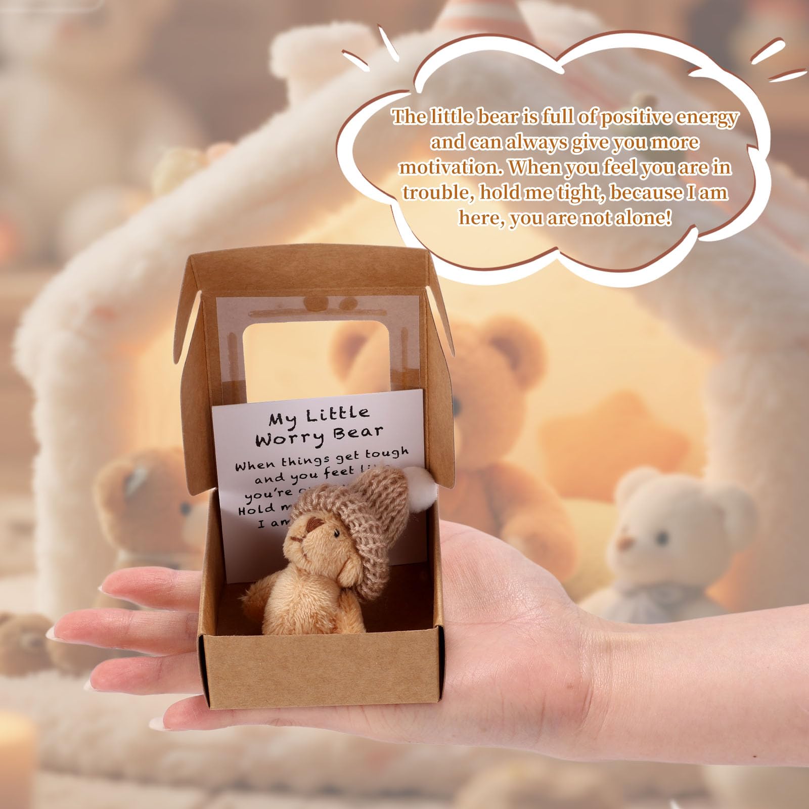 Mini Worry Bear in Box with Hat, Positive Mini Plush Bear with Encouragement Card Inspirational Stress Relief Toy for Family Friends Coworkers Gift