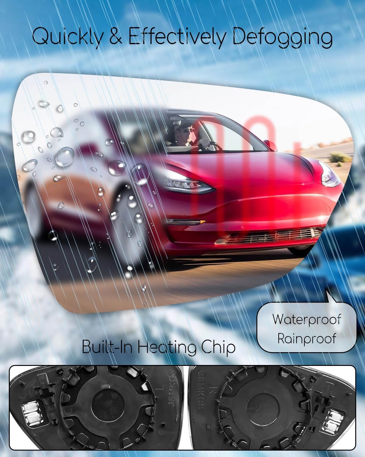 2Pcs Wide Angle Side Mirror Glass Fit for Tesla Model 3 2017-2023, Anti Glare Heated Mirror Glass with Backing Plate, Left Driver & Right Passenger Side, 1 Pair Blue Lens