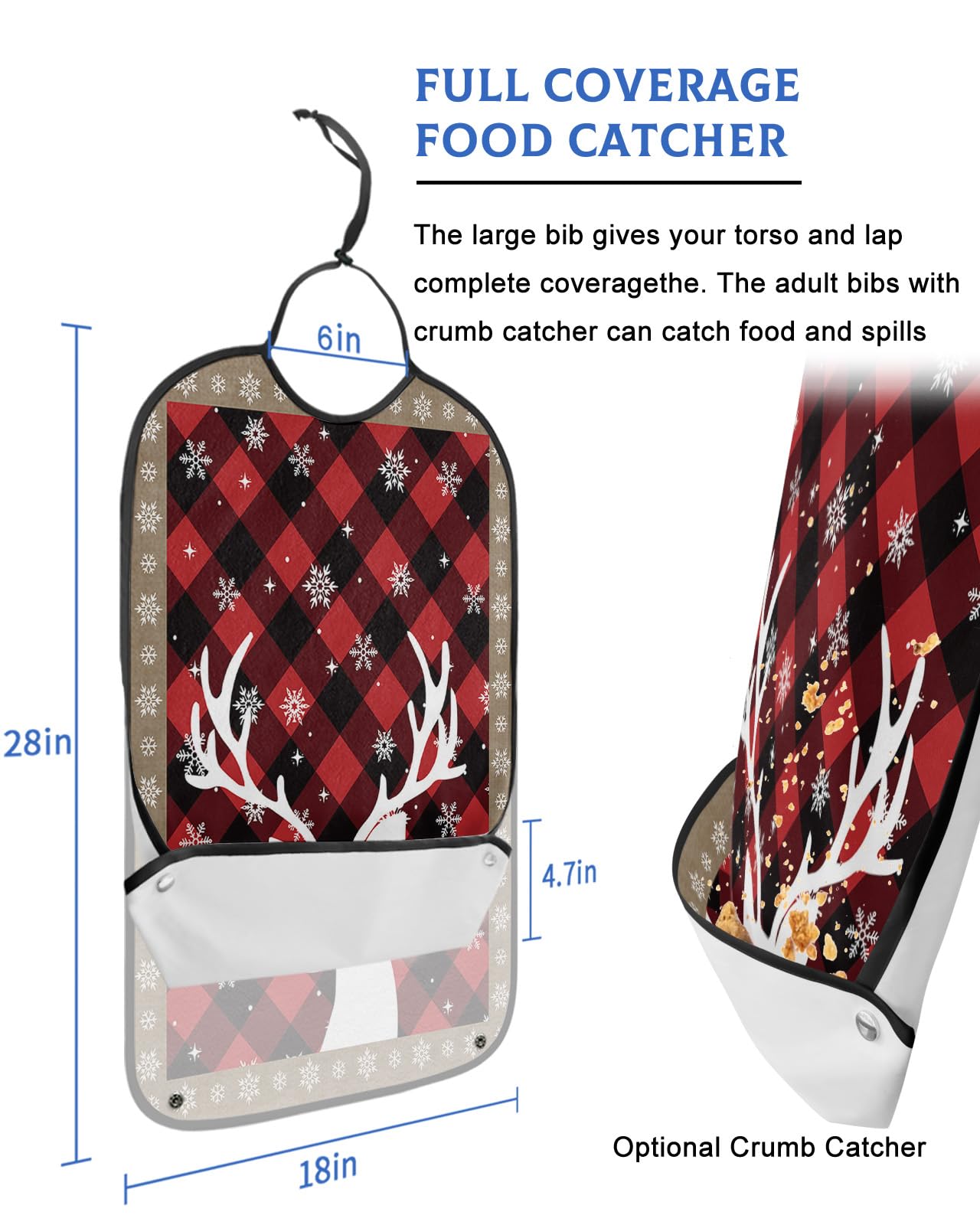 LEOKOTI Christmas Elk Adult Bibs for Eating, Waterproof Bibs with Food Catcher & Adjustable Snap Closure, Red Plaid Snowflake Brown Board Washable Clothing Protectors Adult Bibs for Elderly Women/Men