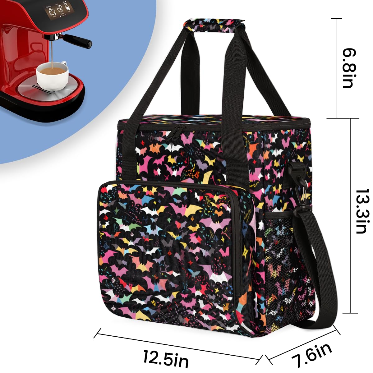 Colorful Bat Coffee Maker Carrying Bag, Glitter Bat Travel Storage Bag Compatible with K-Mini or K-Mini Plus, Single Serve Coffee Brewer Carrying Case with Multiple Pockets & Shoulder Strap